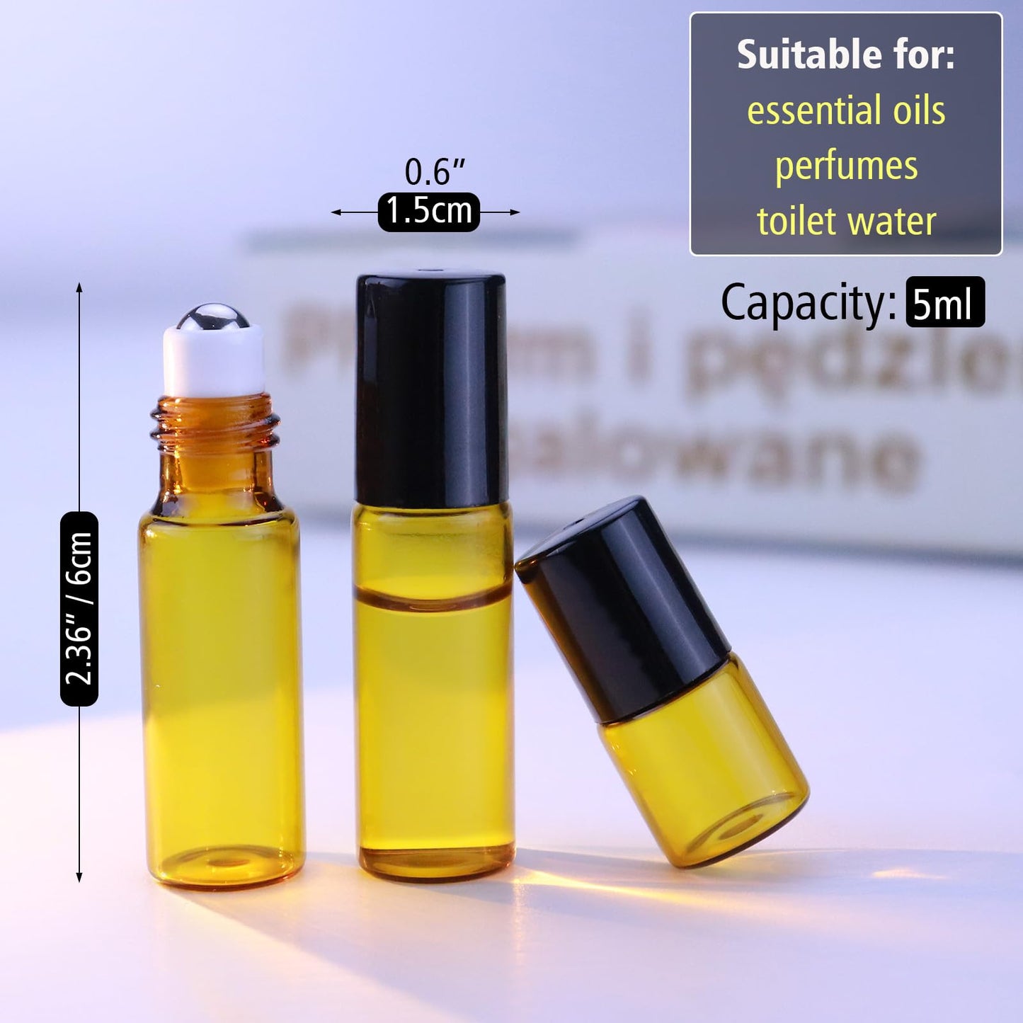 Matifaner 60 Pack 5ml Amber Glass Roll on Bottle For Essential Oils,Perfume Vial with Stainless Steel Roller Ball,Black Caps Mini Sample Vials Cosmetics Small Container (roll-5ml)