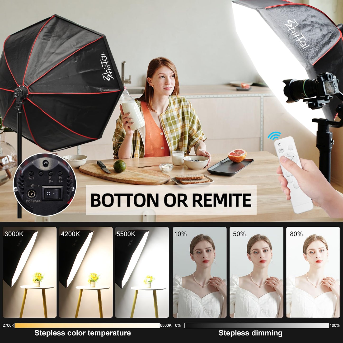 Shirtal Softbox Photography Lighting Kit,37" Octange Softbox Lighting Kit with Honeycomb Grid 110W 2700K-6500K 11000Lux Dimmable LED Prismatic Lamp and Remote Control, Lighting for Video Recording