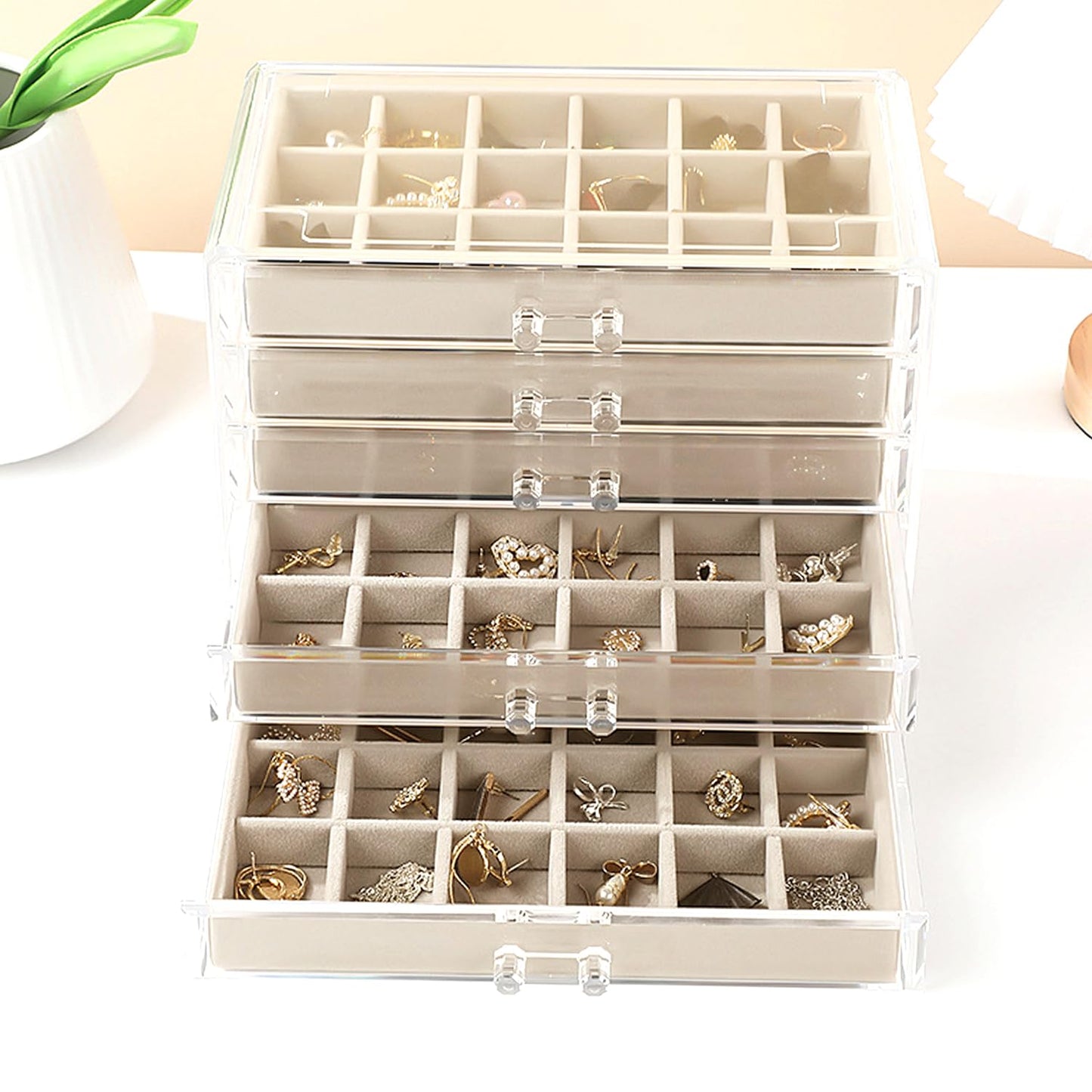 SPAKOWN Earring Organizer, Acrylic Jewelry Box with 5 Drawers, Clear Velvet Earring Storage Display Case with 90 Compartments for Women Girls (Beige)