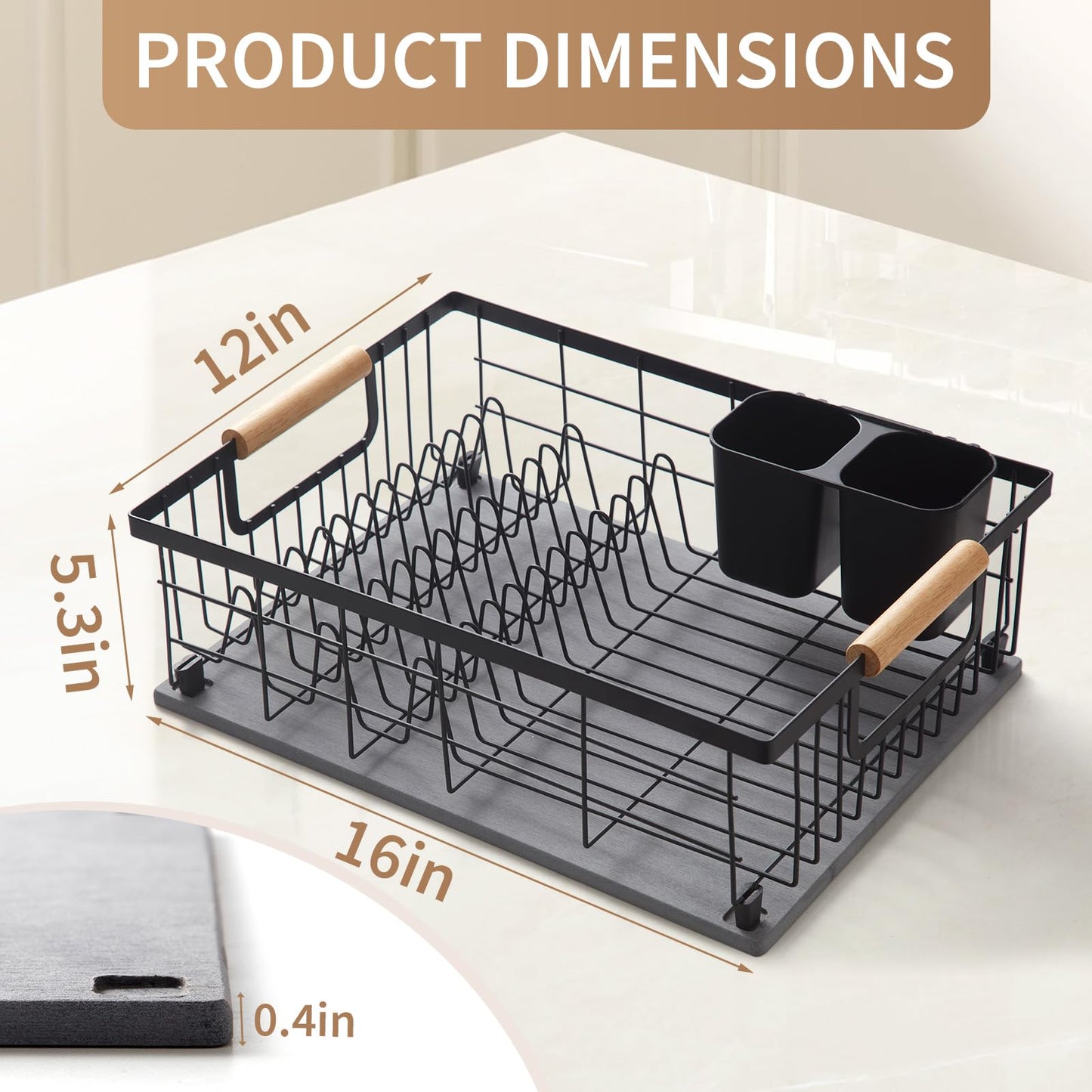 Dish Drying Rack with Stone Dish Drying Mat for Kitchen Counter, 16'' Lx 12''W Dish Drainer with Diatomaceous Earth Quick Dry Mat, Organization and Storage Essentials with Cup & Cutlery Holders