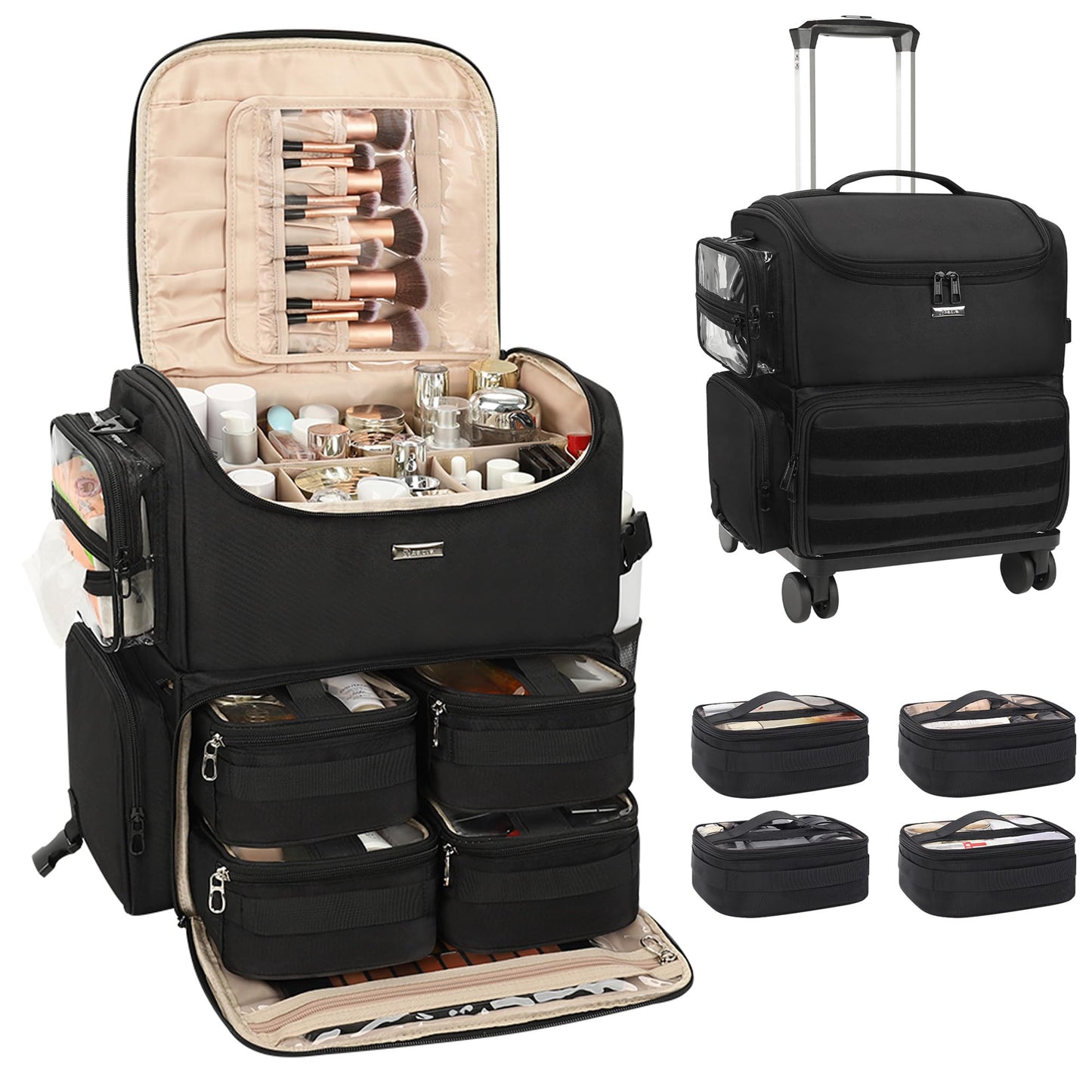 Relavel Rolling Makeup Case Large Makeup Bag with 4 Clear Set Bags, Dual Layer Professional Cosmetic Organizer Travel Train Case Artist Kit with Adjustable Dividers & Easy to Clean Lining, Black