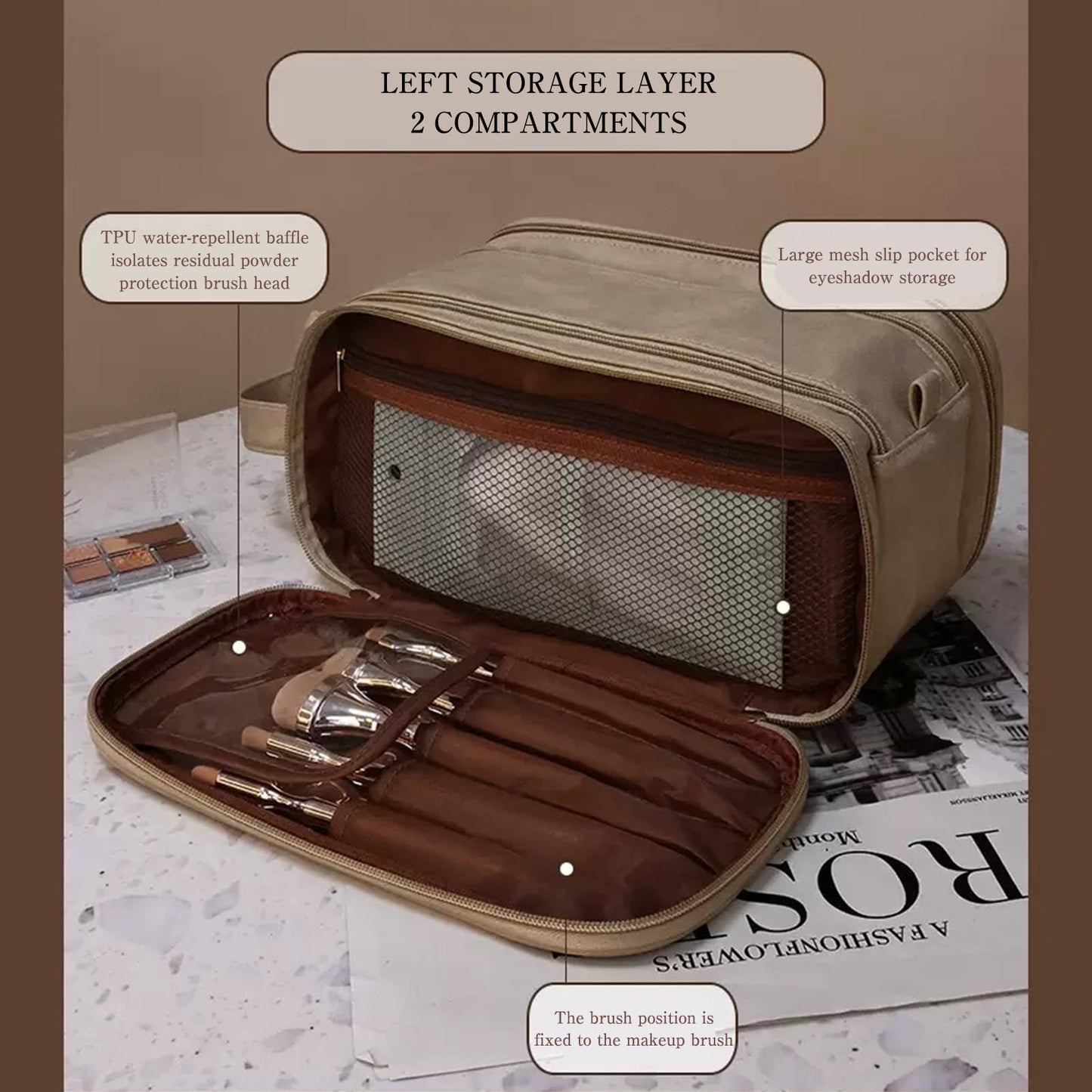 Cozomga 3 - Layer Large - Capacity Makeup Cosmetic Toiletry Bag with Double Zippers & Wide Opening, Portable Travel Organizer for Cosmetics & Toiletries-Light Brown