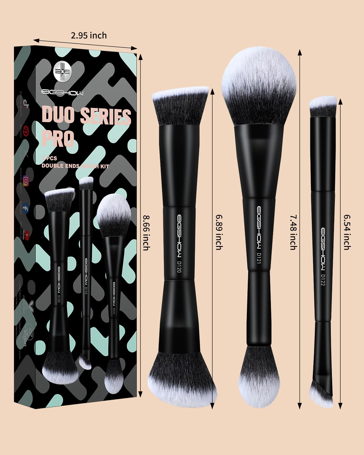 EIGSHOW Makeup Brush Set 3Pcs, Double Sided Foundation Contour Powder Highlight Concealer Brush for Liquid, Cream & Powder, Fit for Home, Travel & Gifting (Black)
