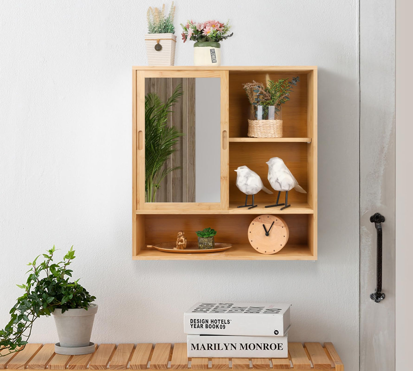 ZYBT Bamboo Bathroom Cabinet,Mirrored Medicine Cabinets,Bathroom Cabinet Wall Mounted with Storage,Medicine Cabinets with Mirror,Over The Toilet Storage with 2 Sliding Doors