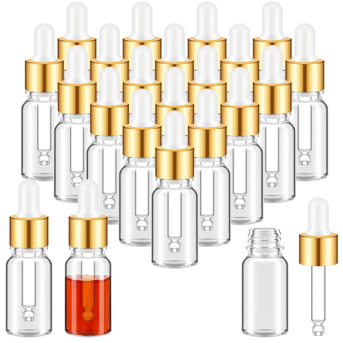 Didaey 100 Pcs 10 ml Mini Glass Oil Dropper Bottle Bulk, Clear Essential Small Empty Bottles Sample Containers Perfume Liquid Vials with Cap for Traveling (Champagne Gold)