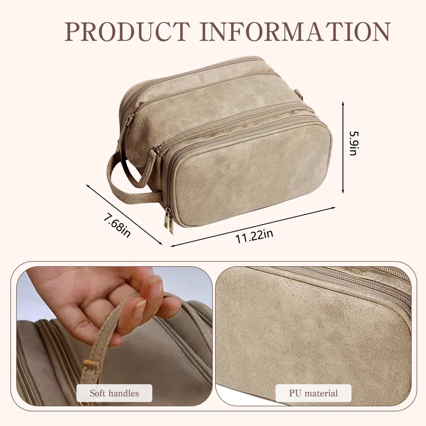 Cozomga 3 - Layer Large - Capacity Makeup Cosmetic Toiletry Bag with Double Zippers & Wide Opening, Portable Travel Organizer for Cosmetics & Toiletries-Light Brown