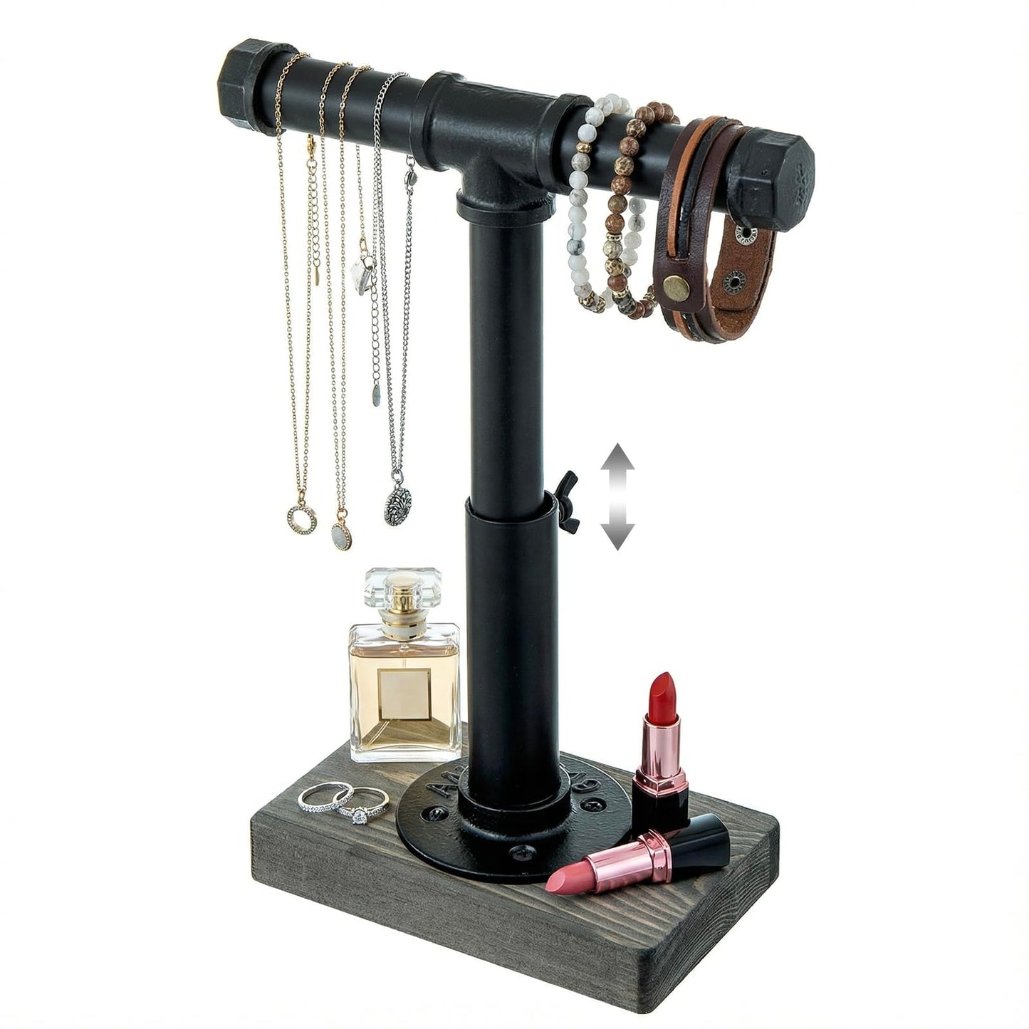 MyGift Adjustable Height Industrial Pipe Organizer Stand - Rustic T-Bar for Jewelry, Headphones, Medals, Kitchen Utensils & Display, Gray Wood Base (Black/Gray, Country Style)