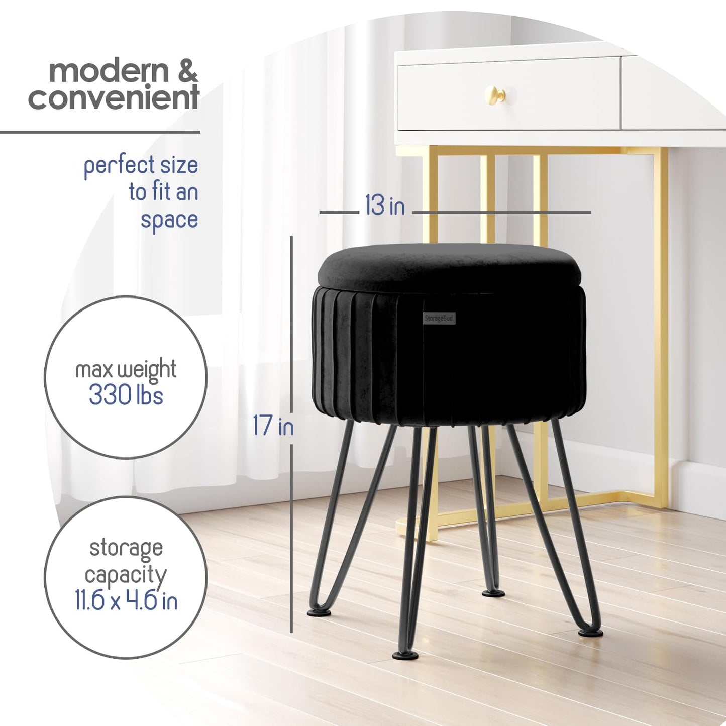 STORAGEBUD Round Ottoman with Storage, Pleated Velvet Storage Ottoman, Foot Stool Ottomans, Makeup Vanity Stool, Small Ottomans Foot Rest, Modern Vanity Stools for Living Room and Bedroom, Black