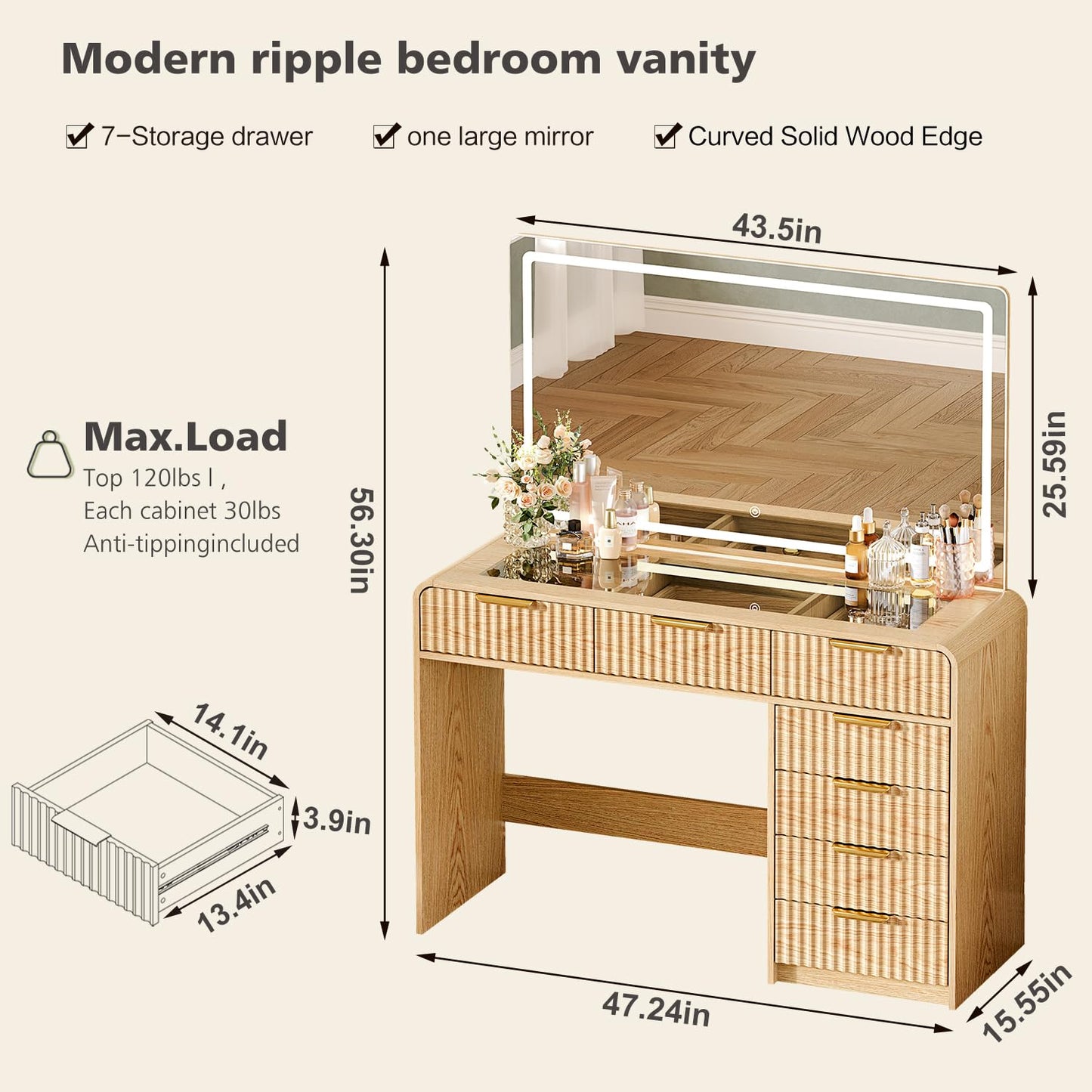GRUTEUNIT 47.2" Makeup Vanity with 44.8" Mirror and Lights, Modren Vanity Desk with 7 Drawers,Vanity Table with Glass Top, Dressing Table with Charging Station for Women and Girls,Bedroom(Natural)