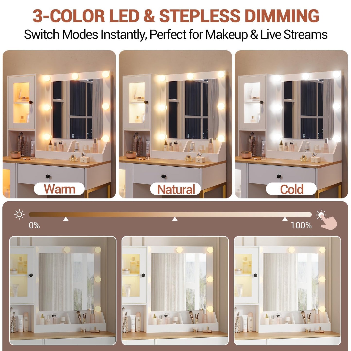 Garvee Makeup Vanity Desk with Mirror & RGB Lights - Charging Station Included - 2 Acrylic-Door Cabinets & 2 Storage Compartments - Modern Bedroom Dressing Table