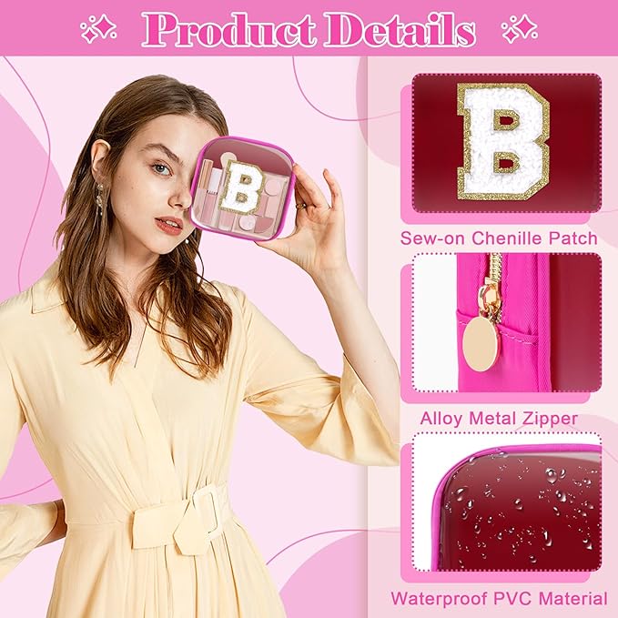 Personalized Initial Letter Clear Preppy Makeup Bag,Mini Nylon Chenille Letter Cosmetic Bag Cute Zipper Pouch Coin Purse for Teen Girls,Portable TSA Approved Travel Essentials Bag Gift for Women,B