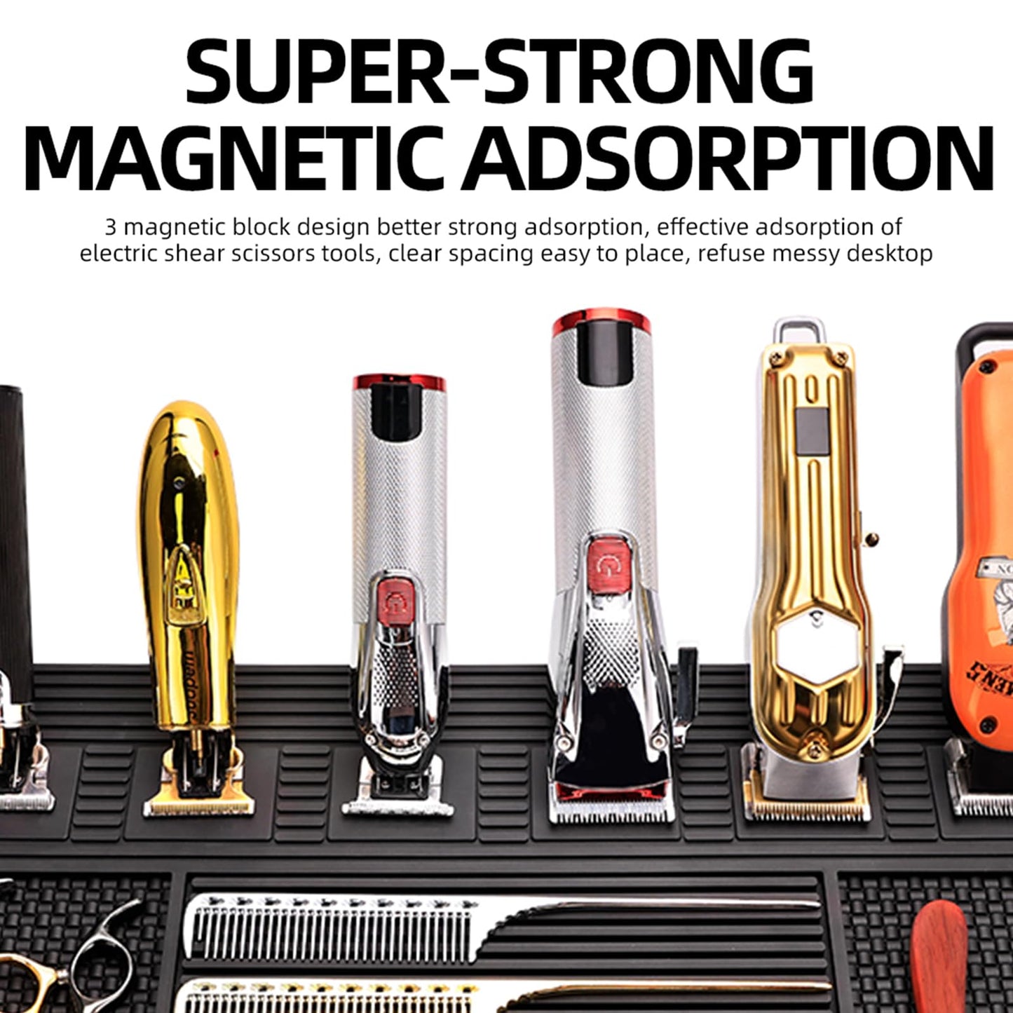 Magnetic Mat 19x12.5 Inch 6 Slots Barber Tray Hairdressing Electric Clippers Storage Mat Salon Table Tools Nonslip Cushion Heat Resistant Pad for Clippers Scissors Combs for Barbershop Salon, Home