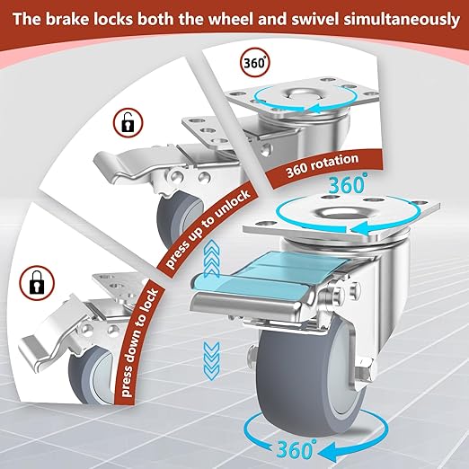 3 Inch Stainless Steel Caster Wheels with Brake, Heavy Duty 304 Casters Set of 4, Non-Marking TPR Quiet Wheels, 2600 lbs, Swivel for Furniture, Labs, Kitchens, Industrial with Hardware Kits