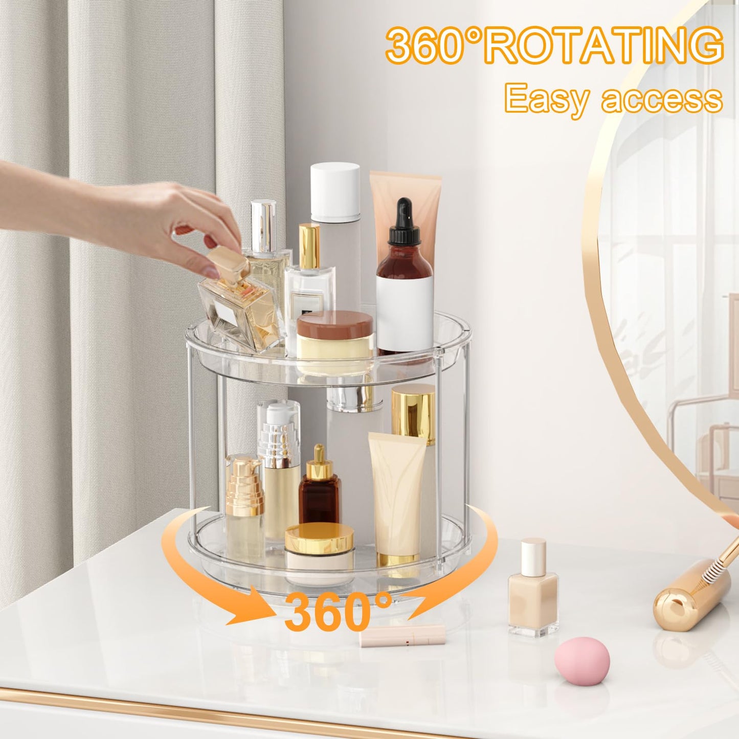 360 Rotating Makeup Organizer – 2 Tier Lazy Susan Turntable Organizer, Clear Bathroom Counter Organizer for Vanity, Spinning Skincare Perfume Tray for Bathroom, Dresser, Kitchen Cabinet