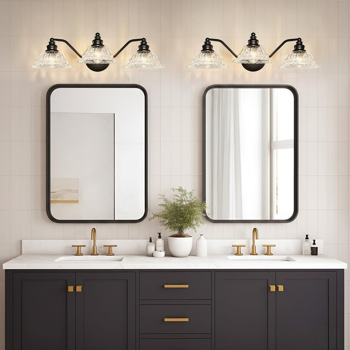 Redluck Vintage Bathroom Vanity Light Fixture, 3-Light Bathroom Lighting Fixtures Over Mirror, Matte Black Finish with Crystal Glass Shade, Wall Sconces Lighting for Bedroom, Living Room, Hallway