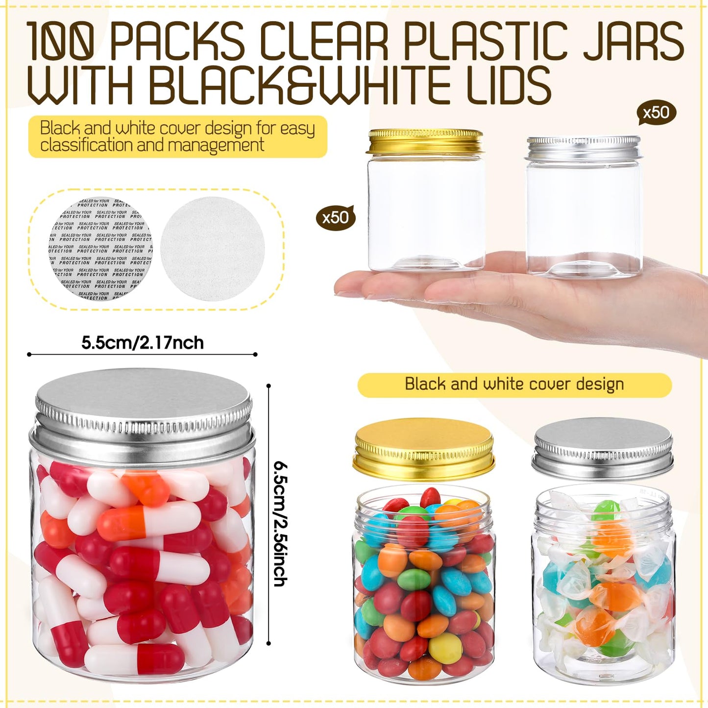 Meanplan 100 Pcs 4 oz Plastic Jars with Lid Mini Mason Jars with Lids Clear Round Cosmetic Container for Travel Storage, Lotion, Cream, Kitchen Use, DIY Crafts(Gold, Silver, Aluminum)