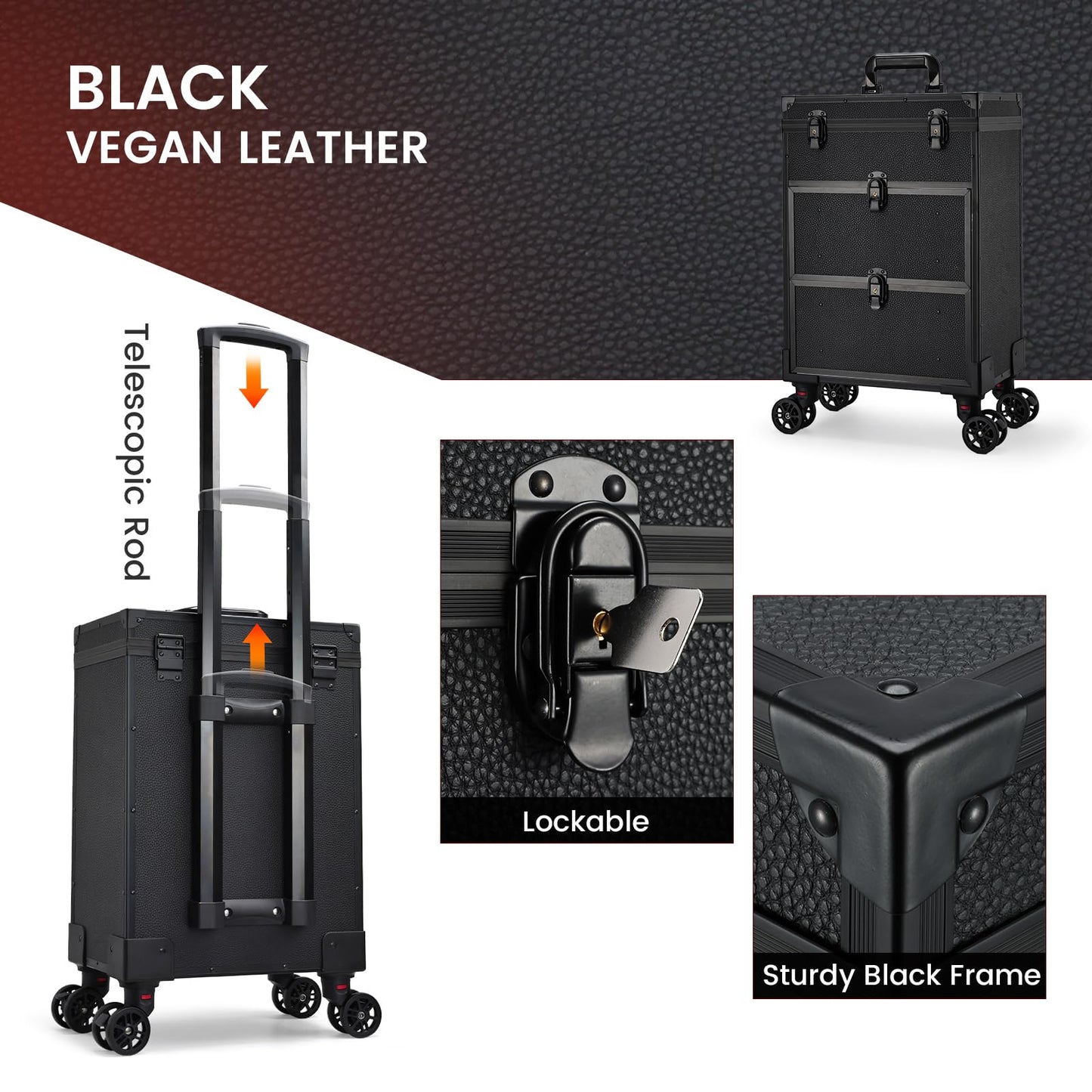 Professional 3 in 1 Rolling Makeup Case Cosmetology Case on Wheels 2 Large Drawer Nail Case Trolley Traveling Cosmetic Train Case with Makeup Pouch for Artists Nail Technician Salon Cart Trunk Black
