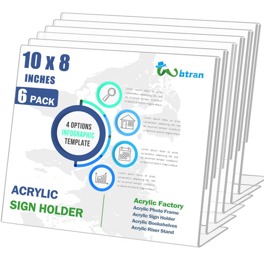 Wbtran Slanted Back Acrylic Sign Holder 8 x 10 Horizontal, Acrylic Stands for Display 10 x 8, Clear Tabletop Plastic Paper Sign Holder for Office, Home, Restaurant (6 Pack 10x8 Inches)