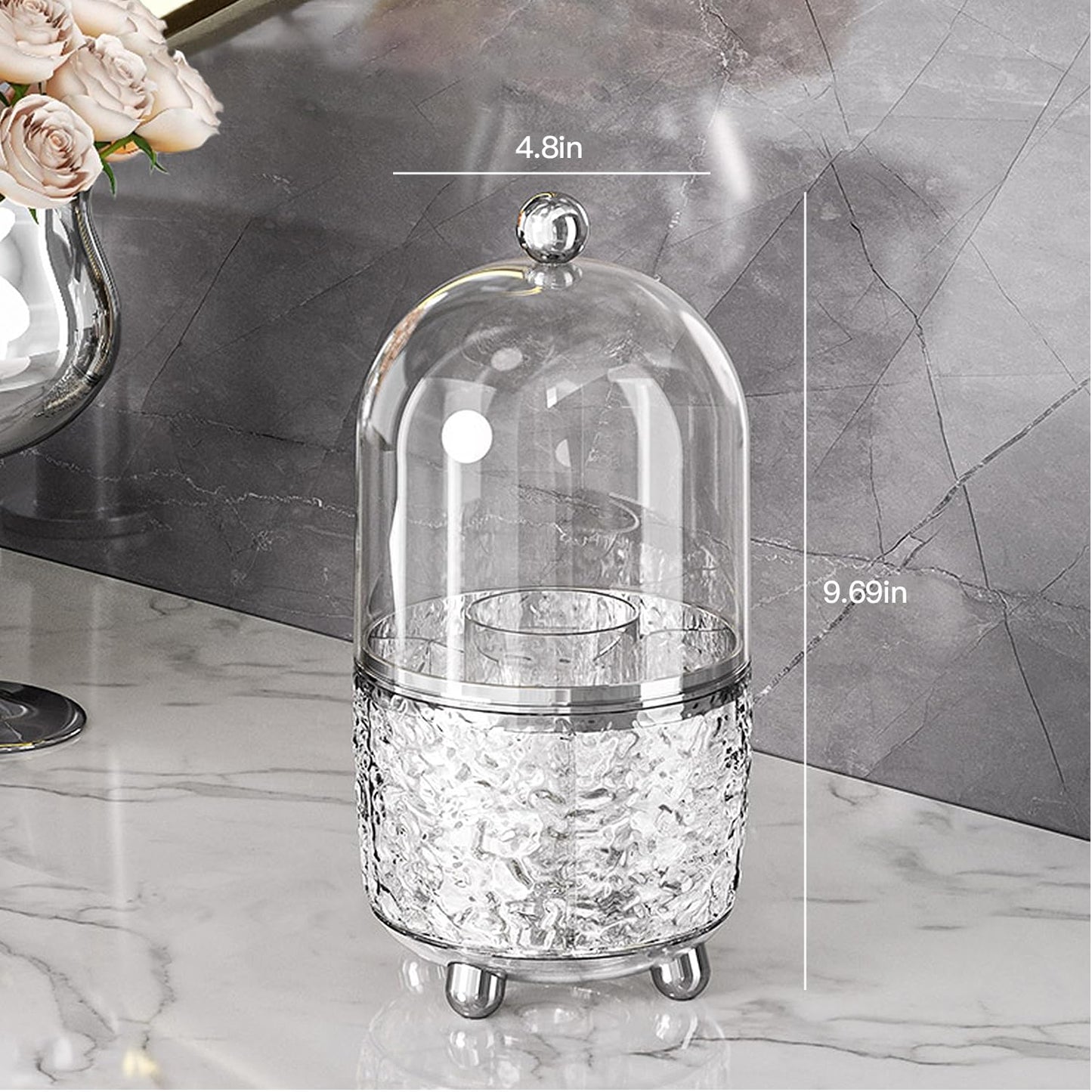 Makeup Brush Holder with Lid, 360° Rotating Makeup Brush Holder for Vanity, Dustproof Spinning Makeup Brush Organizer with Lid for Bathroom Countertop, Cosmetic Tools Organizer with Cover (Clear)
