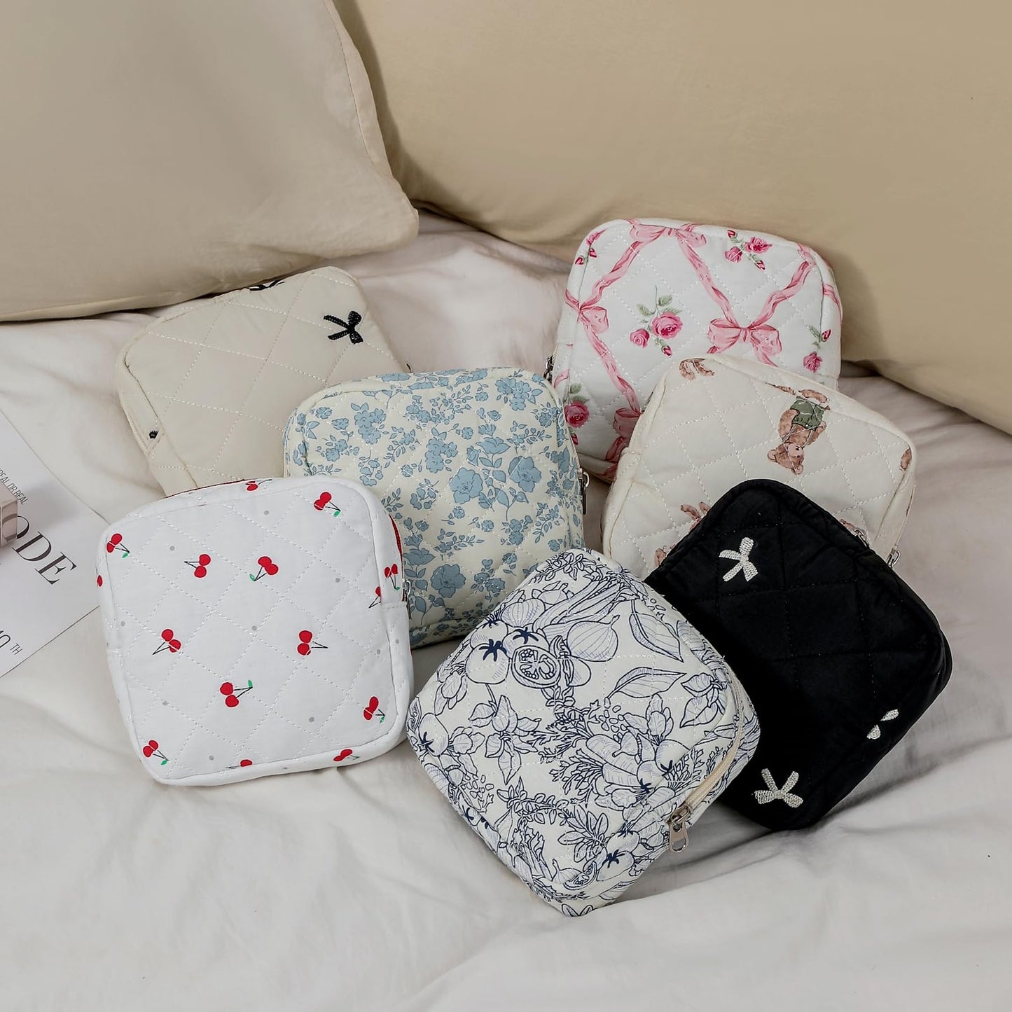 Small Quilted Cotton Makeup Bag for Purse, Cosmetic Bag with Compartments, Cotton Aesthetic Makeup Bag, Travel Toiletry Pouch, Key Pocket Lipstick Bag Card Holder Data Cable Organizer（07Cherry）