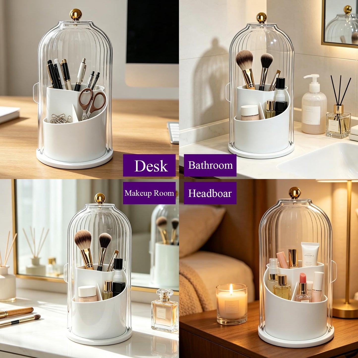 PINGANBUSU Makeup Brush Holder Organizer with Clear Lid, 360 Rotating Sliding Opening Dustproof Brushes Container for Vanity Bathroom Countertop, Acrylic Brush Storage Case