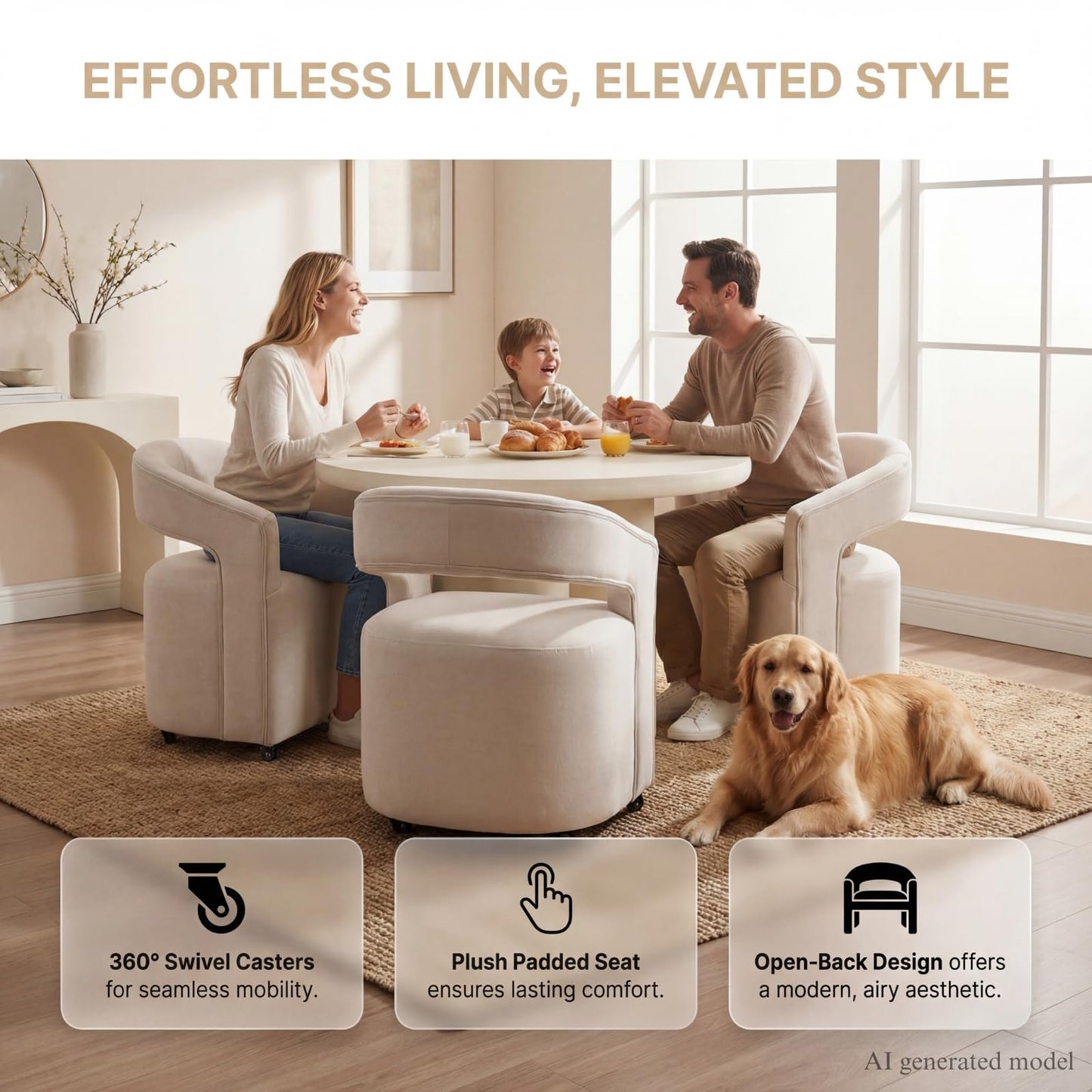 HNY 360° Swivel Upholstered Dining Chairs with Wheels Set of 6 – Soft Linen Fabric, Barrel Back Design, Rolling Kitchen Seating for Living Room, Makeup Vanity, Reception, Beige