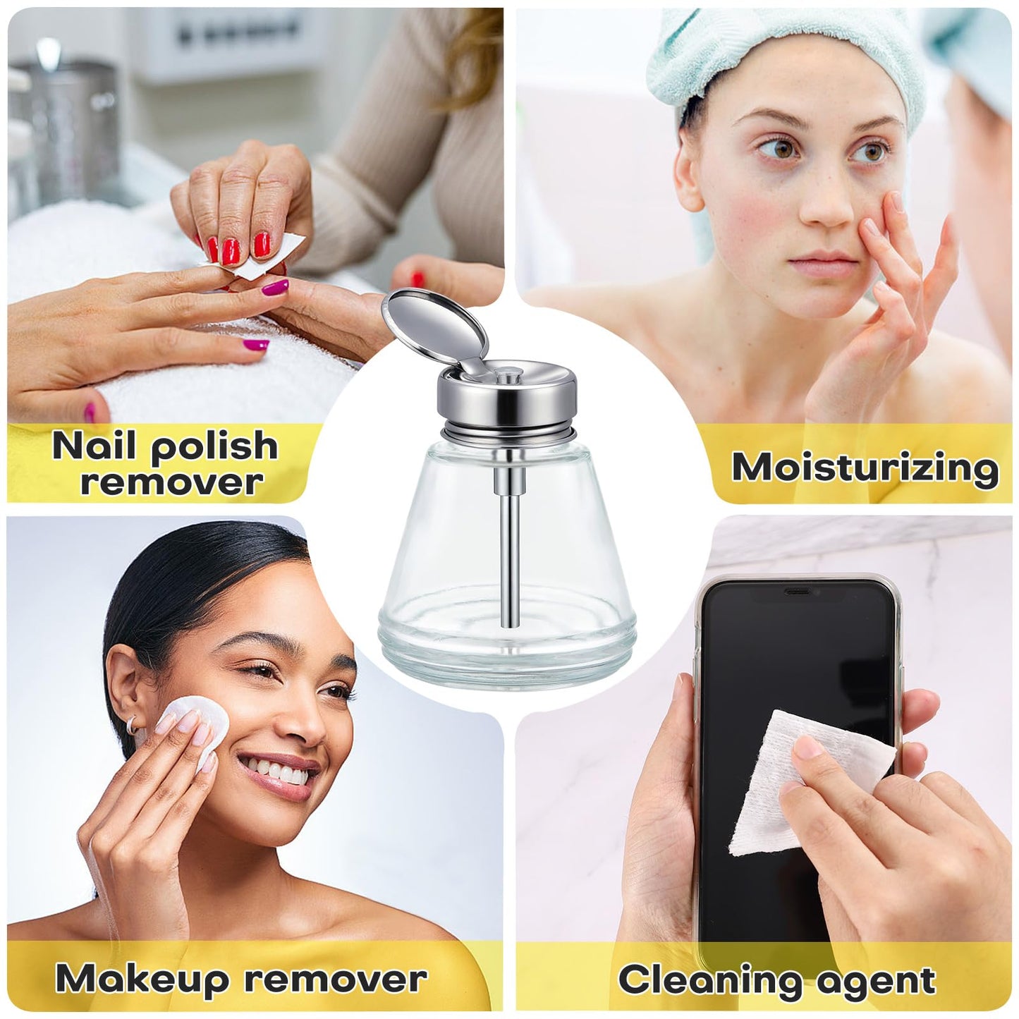2 PCS 6Oz / 180ml Glass Acetone Pump Dispenser, Cone Alcohol Dispenser Push Down Nail Bottle Pump for Makeup, Acetone Bottle Dispenser for Nail Polish Remover Push Down Pump Dispenser w/Flip Top Cap