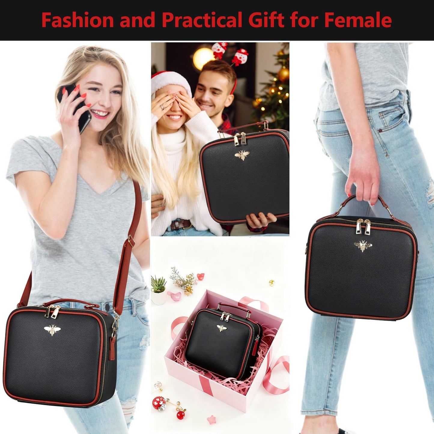 GIUWESOY Travel Makeup Bag with Light Up Mirror, Portable Makeup Bag with Led Light Women Waterproof Makeup Travel Case adjustable dividers Rechargeable Vanity Mirror with 3 Color Lights (Black)