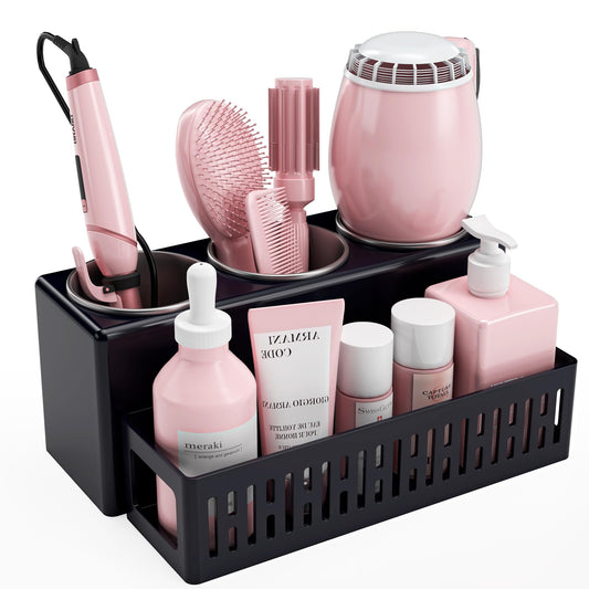 LATTYSY Hair Tool Organizer, Detachable Hair Dryer Holder with 3 Stainless Steel Cups, Wall Mounted Bathroom Organizers and Storage for Accessories, Curling Irons, Straighteners, Toiletries, Makeup