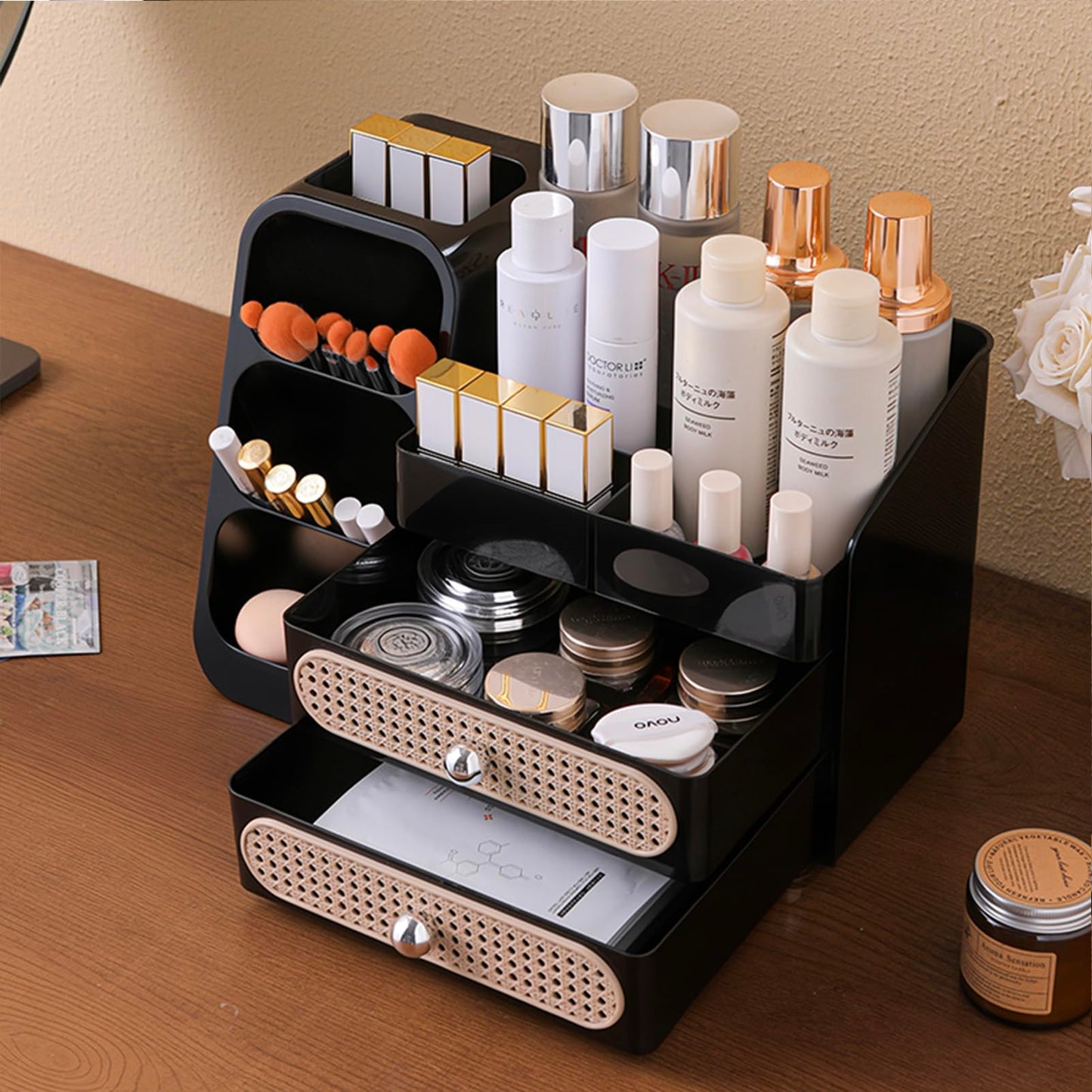 Aveniee Makeup Organizer with Drawers, Large Bathroom Countertop Organizer for Vanity, Desk Cosmetics Storage for Perfume Brushes Skincare Eyeshadow Lotions Lipstick-Black