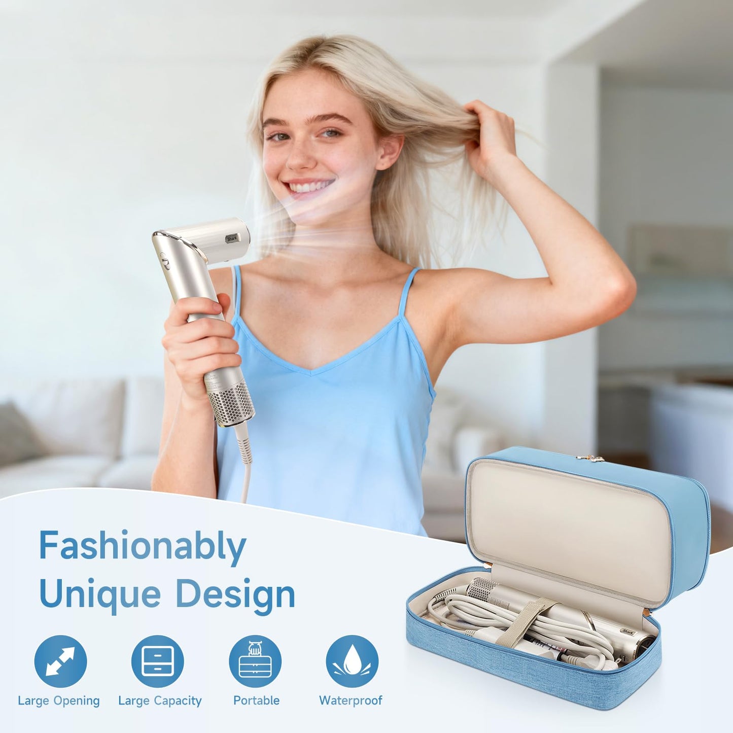 Travel Hair Dryer Case for Shark Flexstyle, Double-Layer Carrying Case for Shark Flex Style Blow Dryer, Portable Hair Tools Storage Organizer Bag for Shark Beauty Hairdryer Attchments (Misty Blue)
