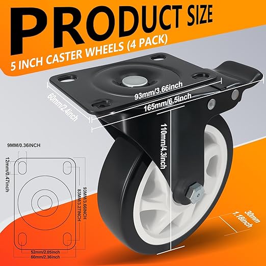 5 Inch Heavy Duty Caster Set of 4, Swivel Plate Castor Wheels with Dual Locking Brakes, Silent Polyurethane (PU) Wheels, 360 Rotation, 2800lbs Load Capacity-Black