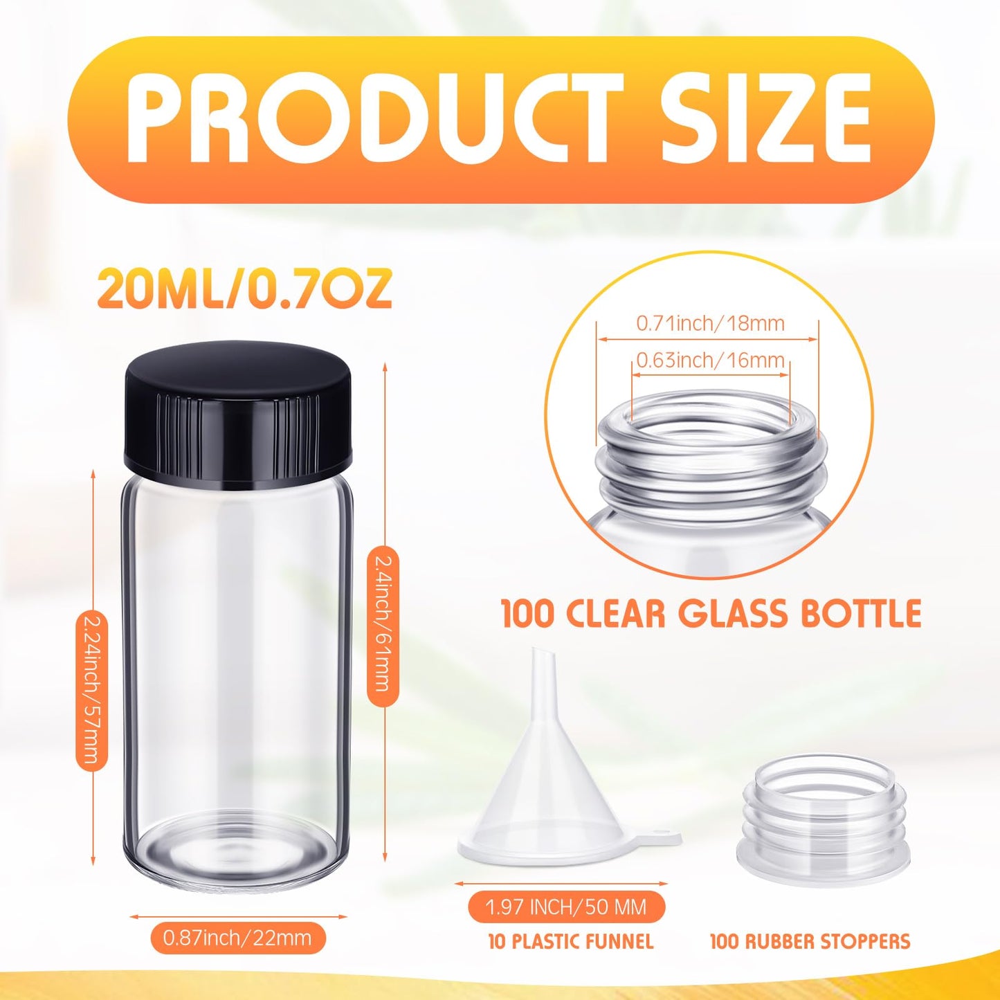 Ziliny 110 Pack 20 ml Glass Vials Clear Small Empty Glass Sample Bottles with Screw Cap Plastic Stoppers, Shims and Plastic Mini Funnels, Sample Leakproof Small Vials Storage Container (20ml)