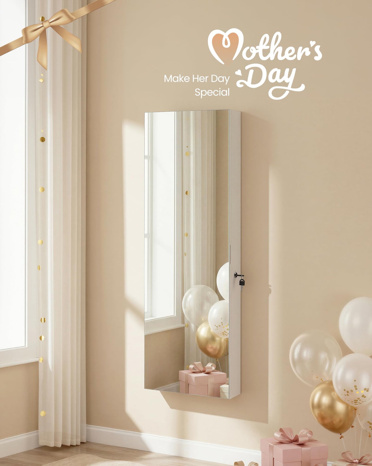 SONGMICS Mirror Jewelry Cabinet Armoire Organizer, Wall or Door Mount Storage Cabinet with Full-Length Frameless Lighted Mirror, Built-in Makeup Mirror, 2 Drawers, Lockable, White UJJC013W01