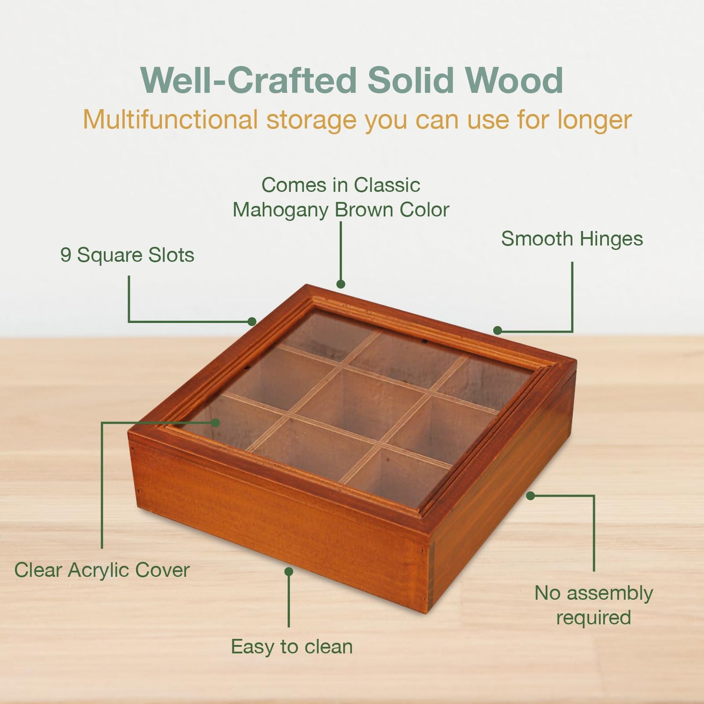 9-Slot Mini Wooden Storage Box w Clear Acrylic Collectibles Display Case - Square Wood Organizer Box with Dividers - Storage & Organizer Case for Tea, Essential Oils, Spices & More