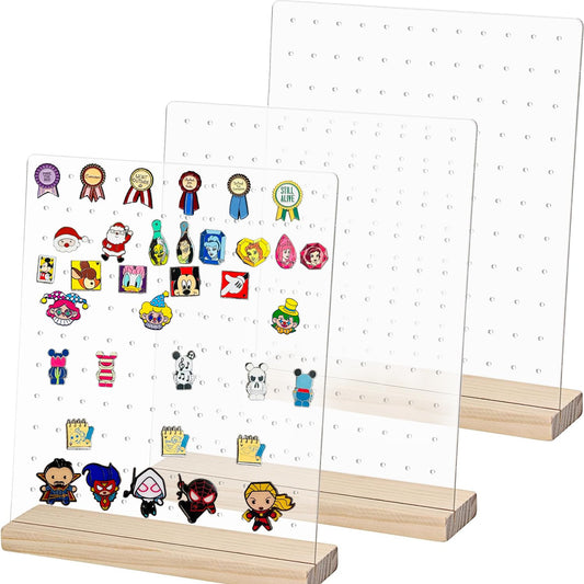 LOSYHU 3 Pack Acrylic Enamel Pin Display Stand with Wood Base, Tabletop Pin Organizer Display Storage Stand Acrylic Pin Holder Display for Badges Pins Collectible, Hold up to 132 Pins