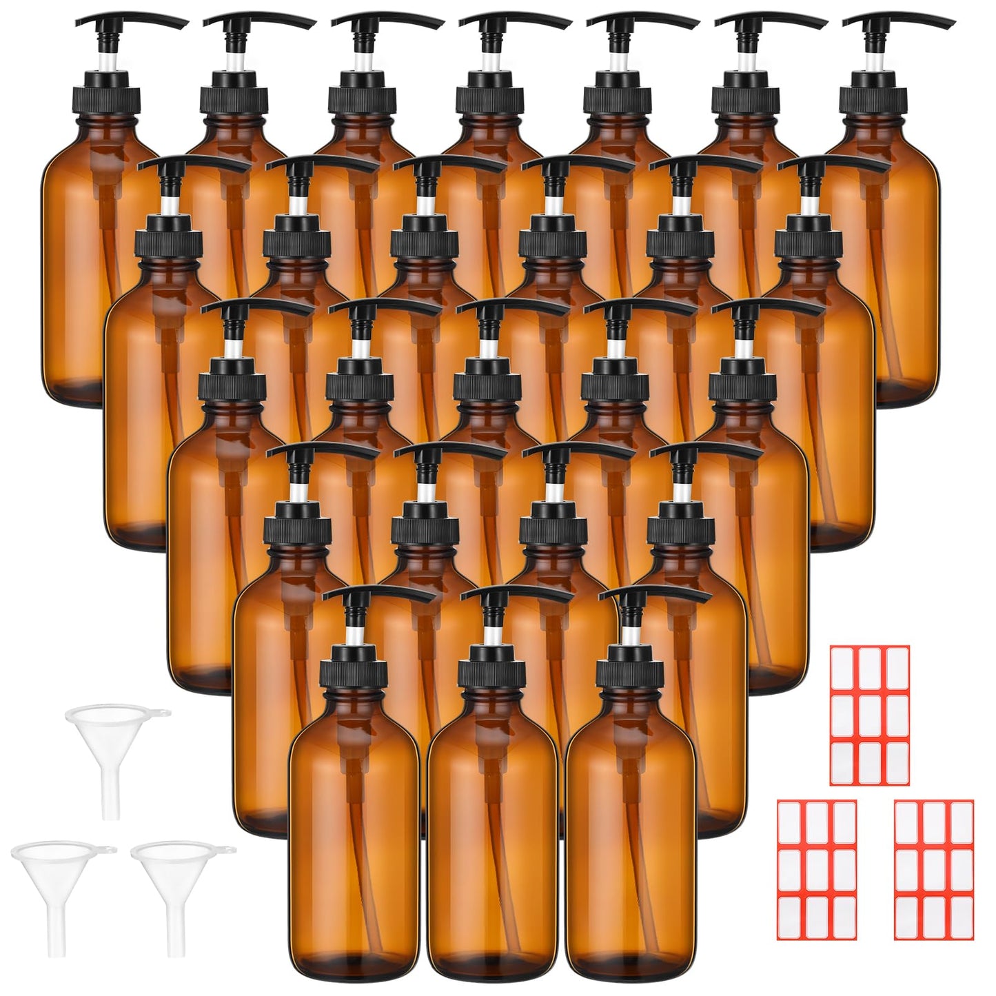 Tanlade 24 Pcs 8 oz Glass Pump Bottle Empty Bottle Glass Soap Dispenser with Pump Refillable Containers and Labels Funnels for Essential Oils Cleaning Products Lotions Conditioner(Amber)