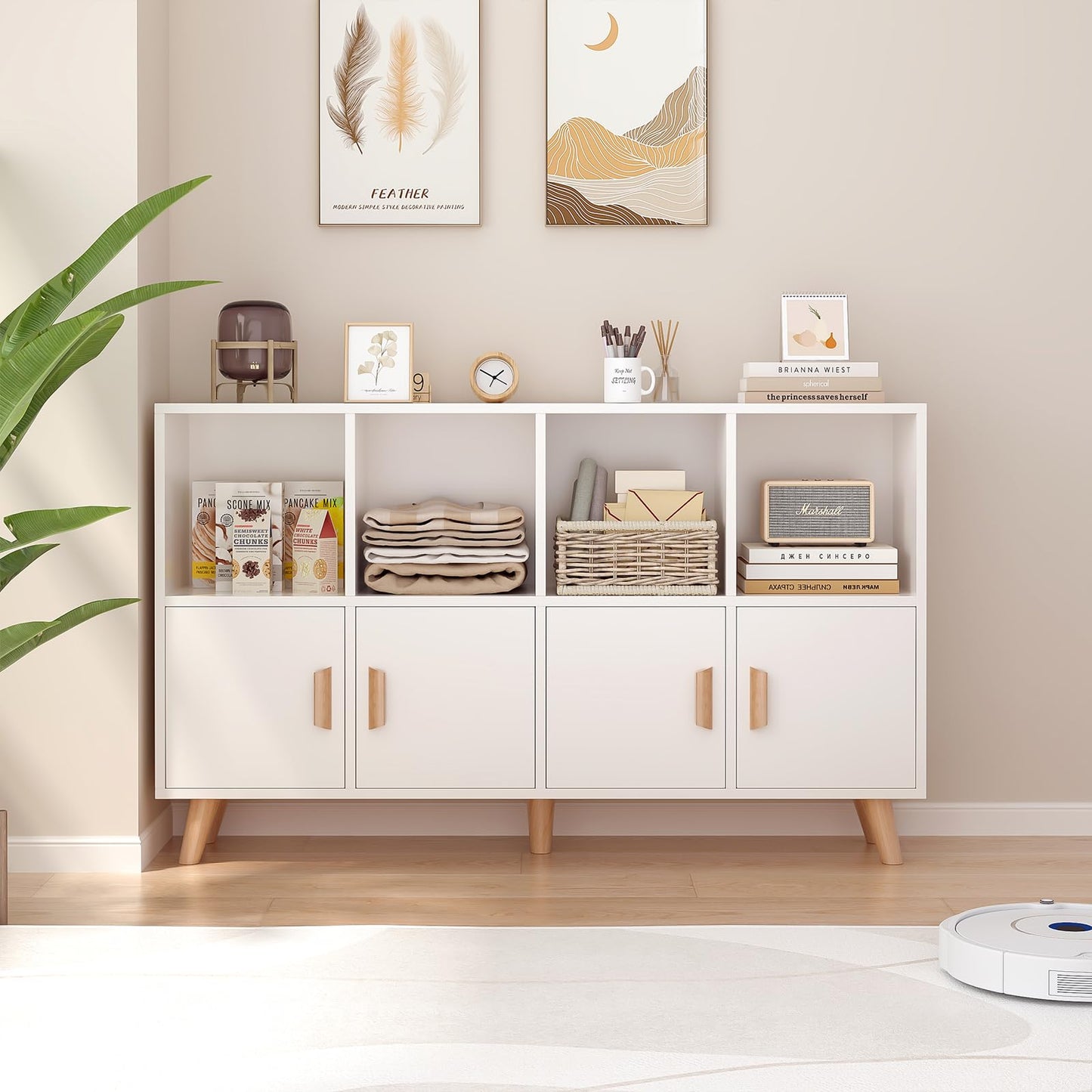 OSCHF Cubby Shelf Bookcase with Doors - Wooden 8 Cube Floor Standing Open Bookshelf with Solid Wood Legs, 2-Tier Low Storage Cabinet, Warm White
