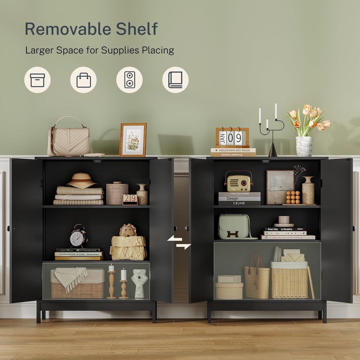 Iwell Bathroom Cabinet, Bathroom Storage Cabinet with 2 Doors & 3 Shelves, 3 Heights Available, for Living Room, Entryway, Kitchen, Home Office, Black