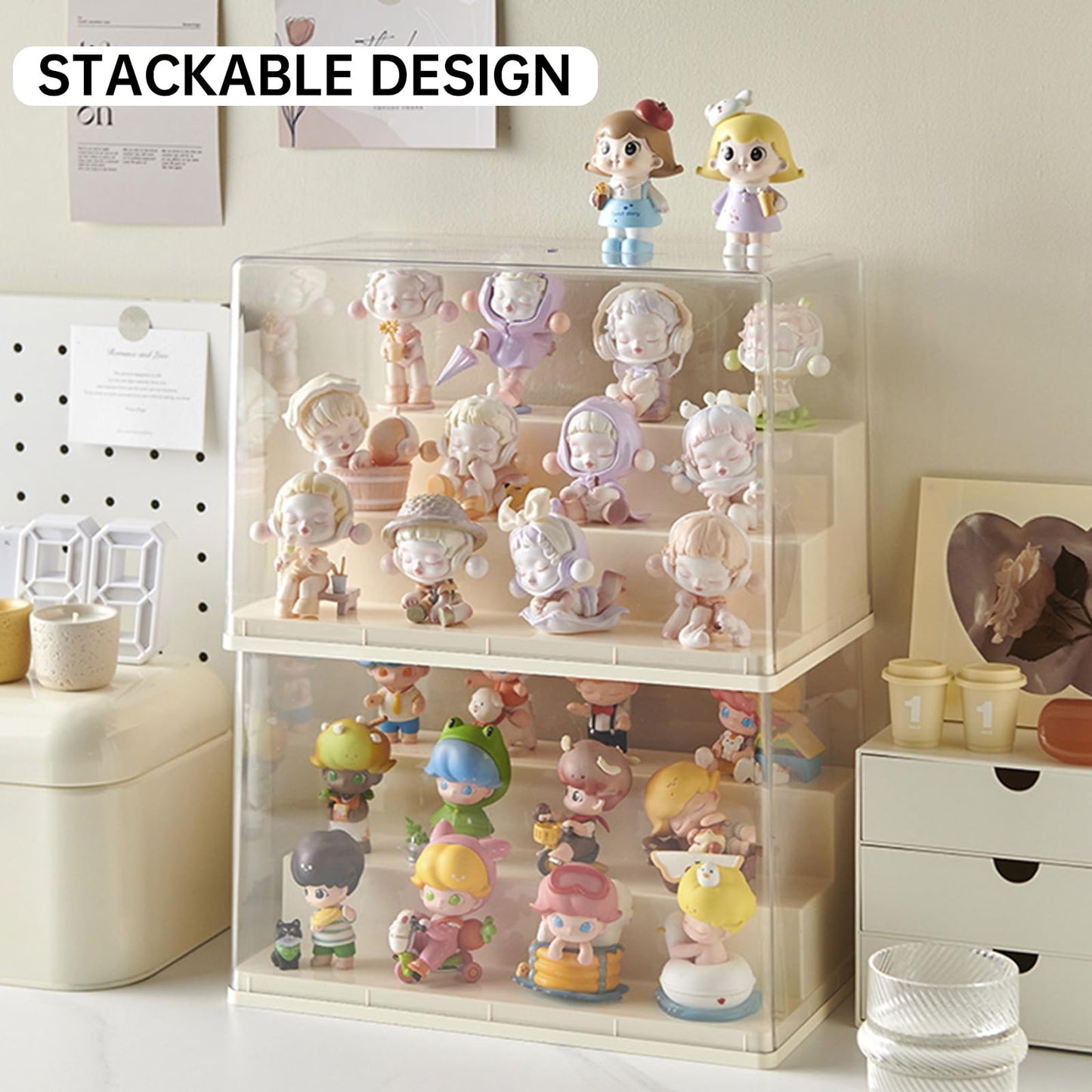 BOHOIDEE 3 Tiers Clear Display Case for Figures, Stackable Acrylic Storage Organizers Box with Cover, Large Dustproof Showcase for Collectibles Action Figure(1, Medium)