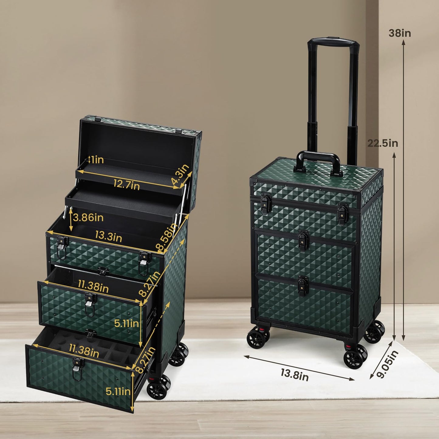 Yueieoun Rolling Makeup Train Case with Wheels 2 Large Drawers Nail Organizer Case Cosmetic Train Cases Traveling Cosmetology Case on Wheels Tattoo Carrying Case Makeup Carts Dark Green