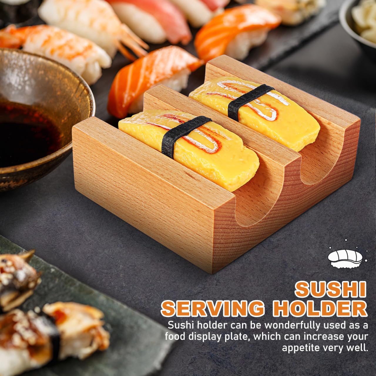 Cabilock Wooden Sushi Taco Holder, 2-Slot U-Shaped Hand Roll Stand, Japanese Temaki Display Rack for Home Kitchen & Restaurant, Authentic Sushi Roll Serving Tray & Sashimi Presentation Plate