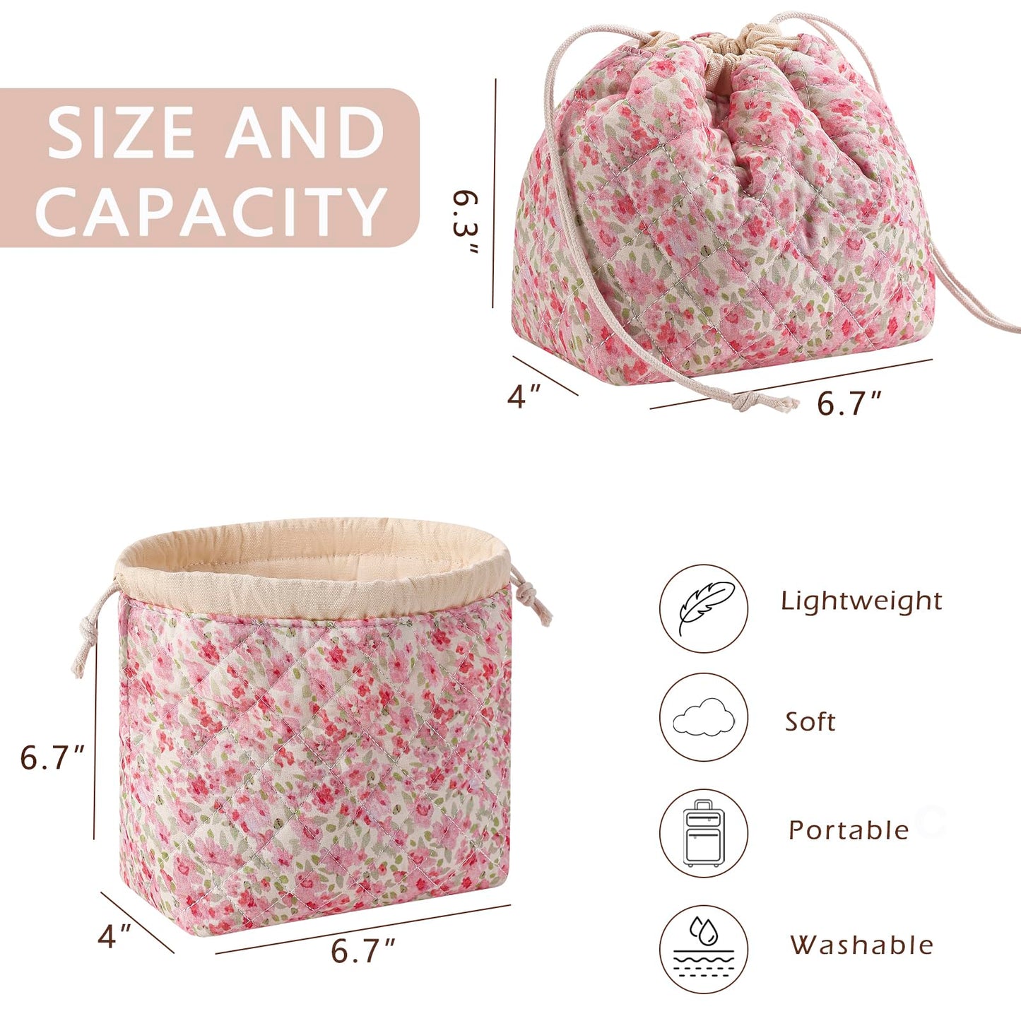 Cotton Quilted Drawstring Makeup Bag with Canvas Lining,Coquette Aesthetic Cute Travel Toiletry Bag,Drawstring Gift Bag for Women and Girls（18 Watercolor Pink Flower）