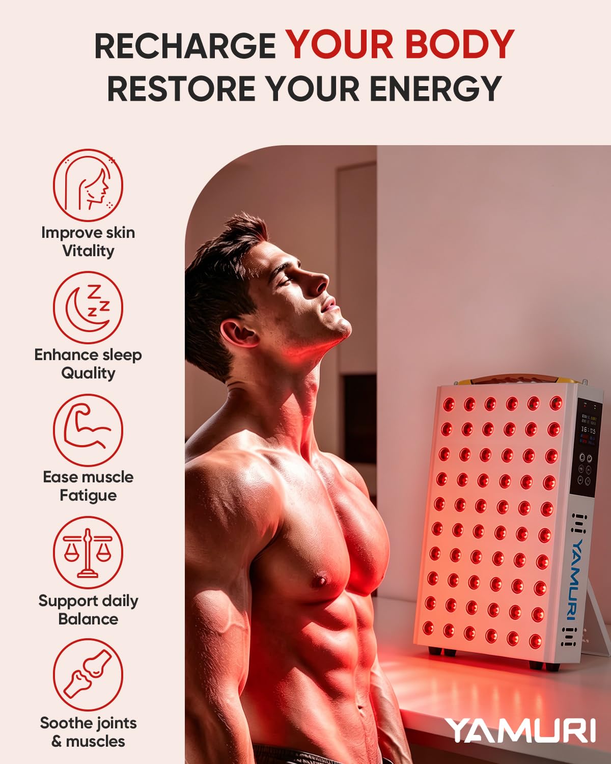 YAMURI Red Light Therapy for Body, 660nm 850nm Red Light Panel for Face, 110W with 60 Dual Chip LEDs, 135mW/cm² High-Power Home Red Light Therapy Device for Daily Wellness & Relaxation