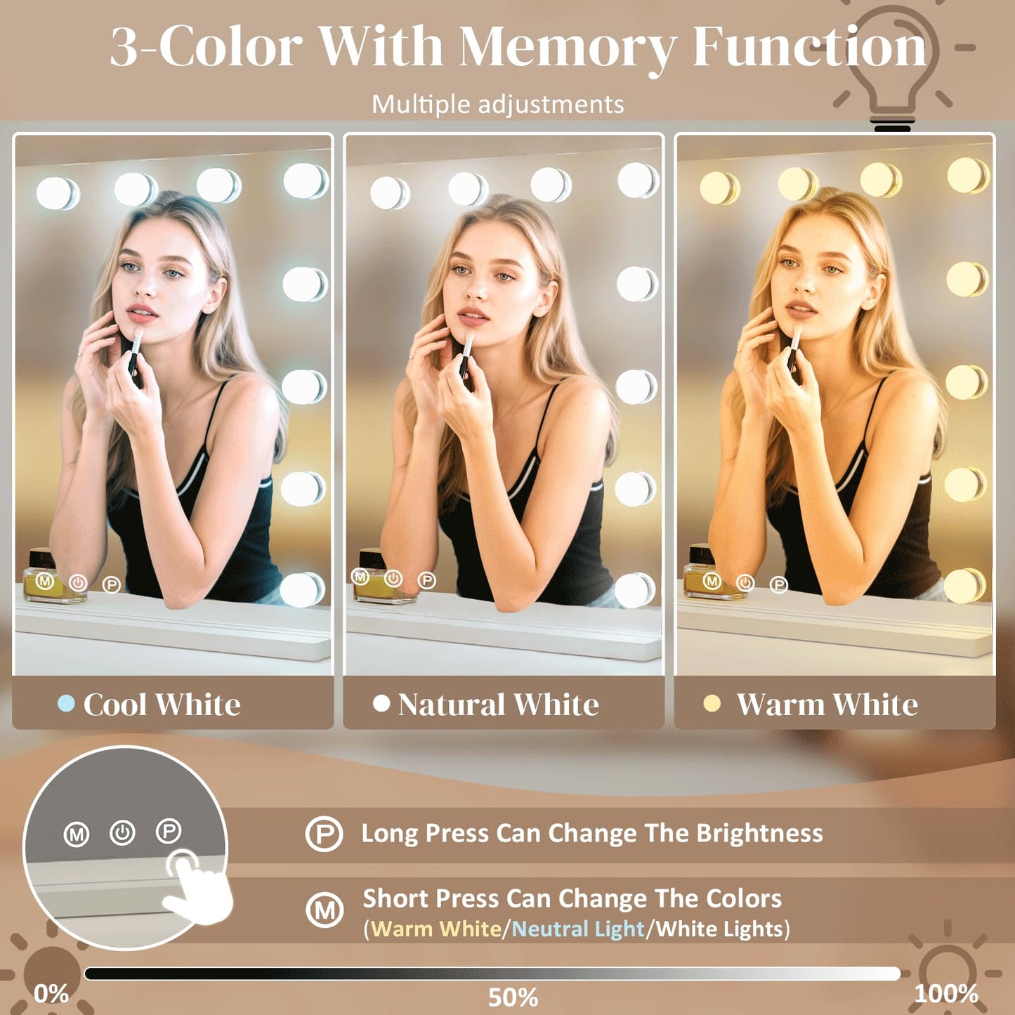 ZazaFi Hollywood Vanity Mirror with Lights, 15 Light Bulbs，3 Color Lights，Make Up Lighted Mirror, Aluminum Metal Frame,USB Charging Port（23" x 18"）