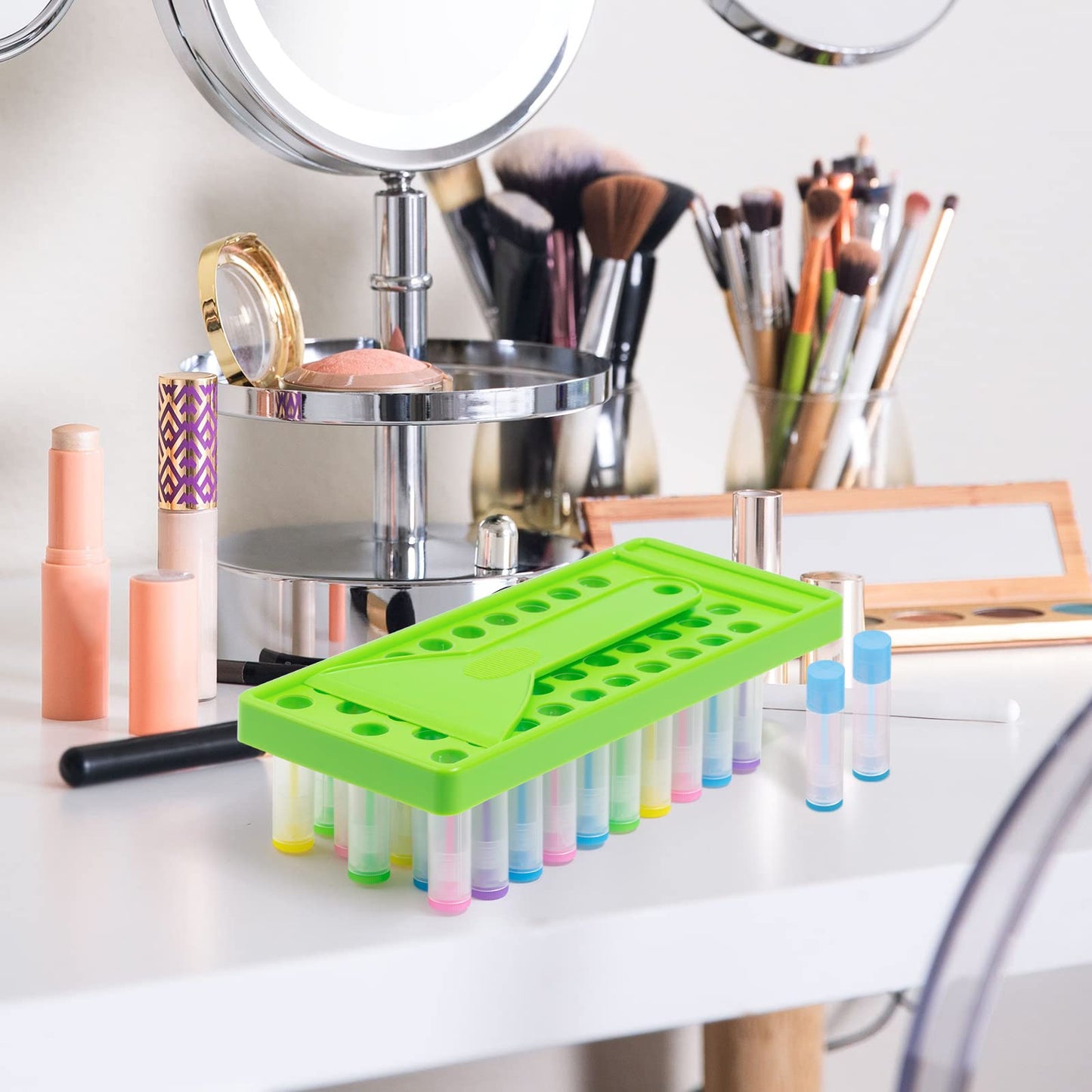 RONRONS Professional Lipsticks Filling Tray Kits, Including 1 Pieces Lip Balms Filling Tray 1 Pieces Spatula and 50 Pieces Empty Lip Balm Tubes with Caps DIY Lipstick Gifts for Women Grils Business