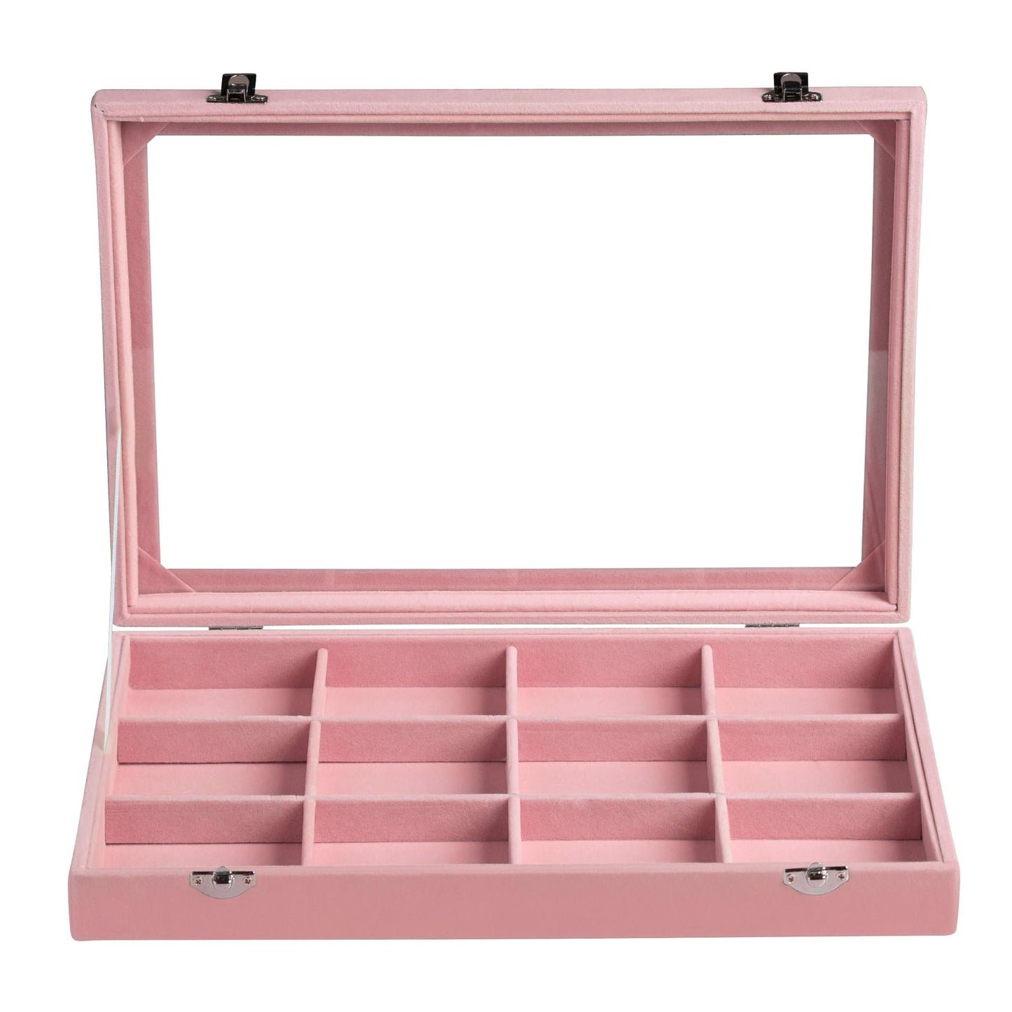 Frebeauty Velvet Jewelry Tray,12 Grid Jewelry Organizer with Clear Lid,Bracelets Holder,Jewelry Display Case with Clasp,Drawer Insert Bangle Brooch,13.8 x 9.5 x 2 Inches,Gift for Women Girls(Pink)