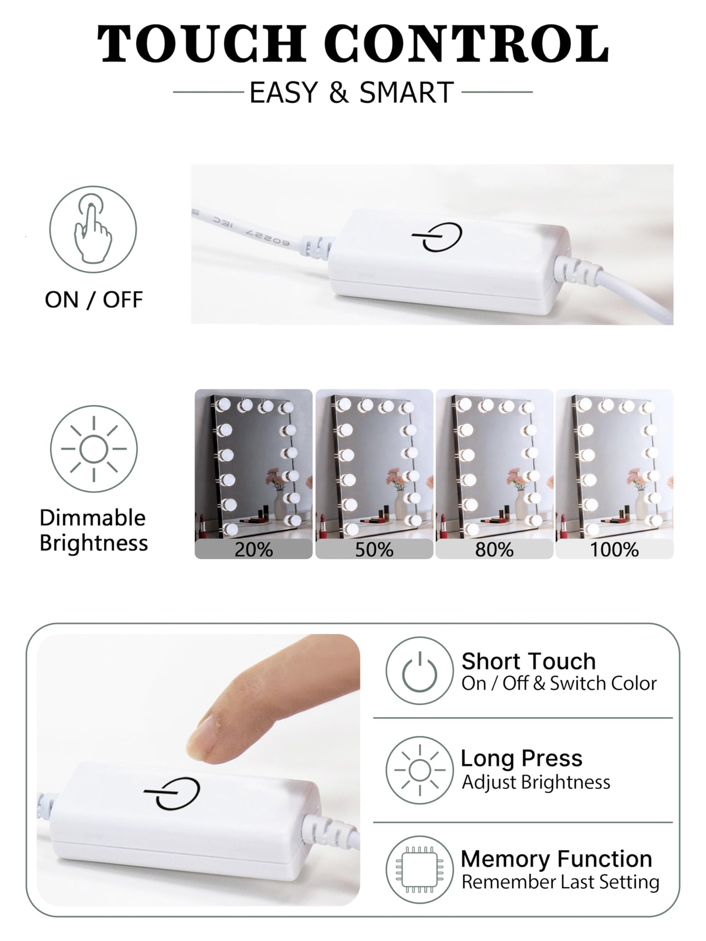 Waneway 14 Bulb Vanity Lights for Mirror, Plug-in Power Adapter & Touch Dimmer, 6,000K, 1350 Lumens (Mirror Not Included)