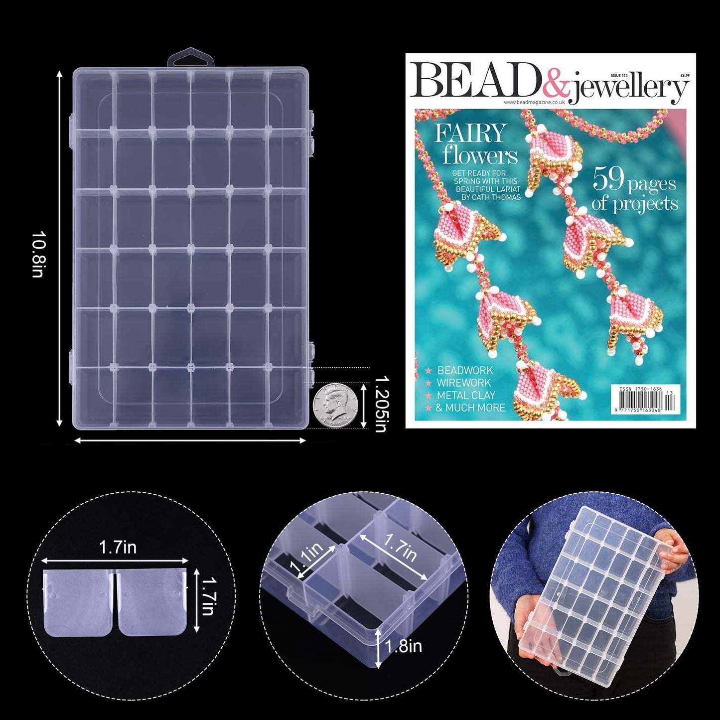 OUTUXED 4 Pack 36 Grids Plastic Bead Organizer Box with Dividers, Clear Craft Tackle Box Parts Storage Containers with Compartments for Jewelry Fishing Tackle Art DIY with 5 Sheets Label Stickers