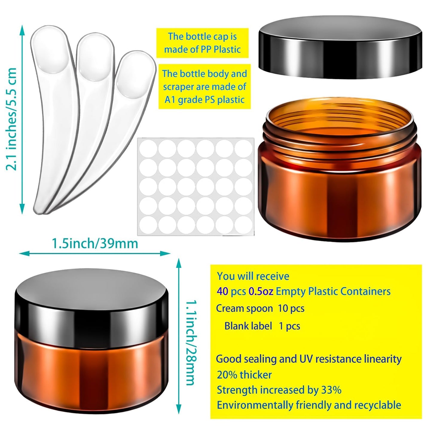 MotBach 40 PCS 15g Amber Plastic Containers with Black Lids, Small Makeup Containers, 0.5oz Round Travel Cosmetic Jars with Spatulas for Liquid, Powder, Cream, Lotion